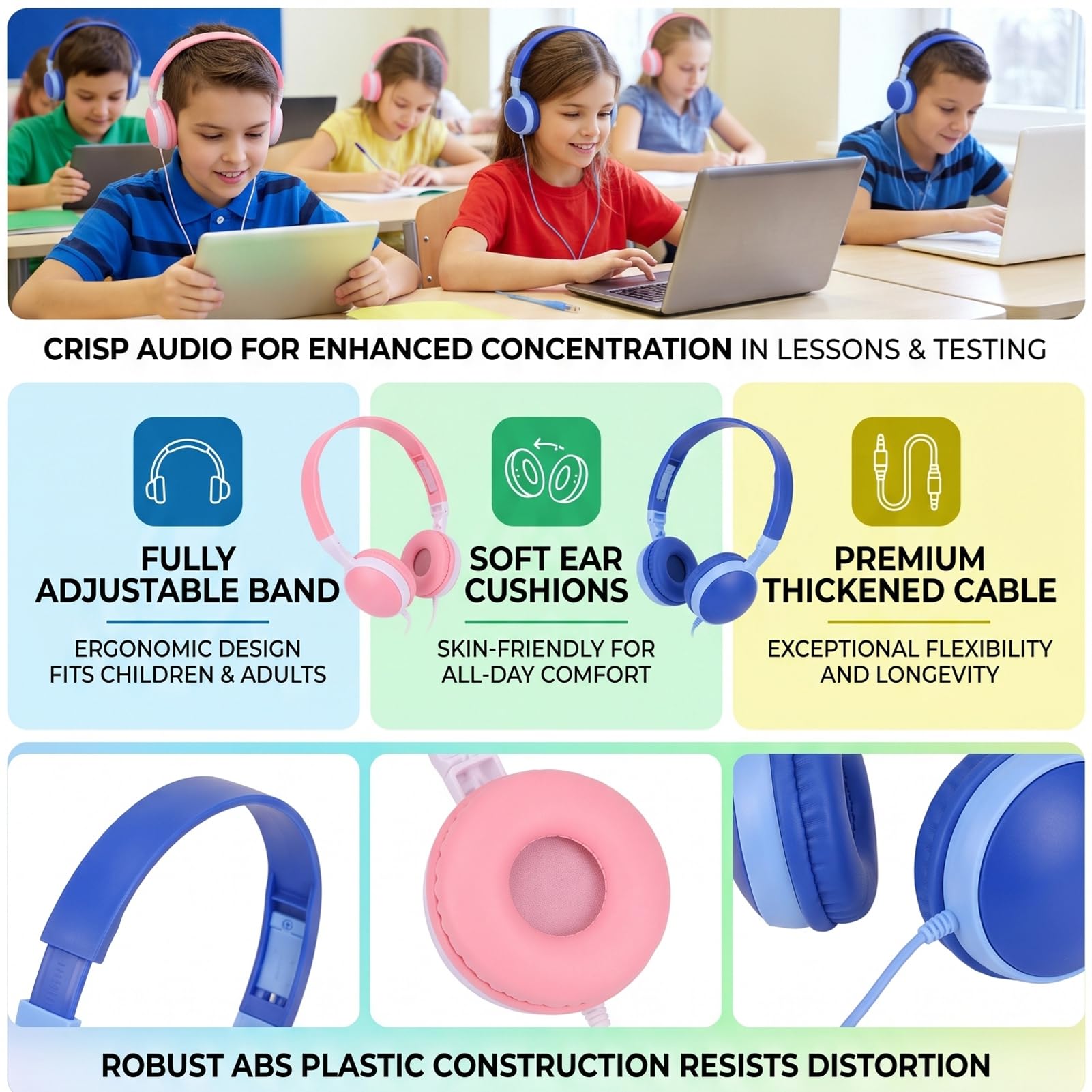12 paia di cuffie cablate per bambini, ideali per la scuola, con jack da 3,5 mm e cavo da 1,2 m, archetto regolabile e plastica ABS leggera.