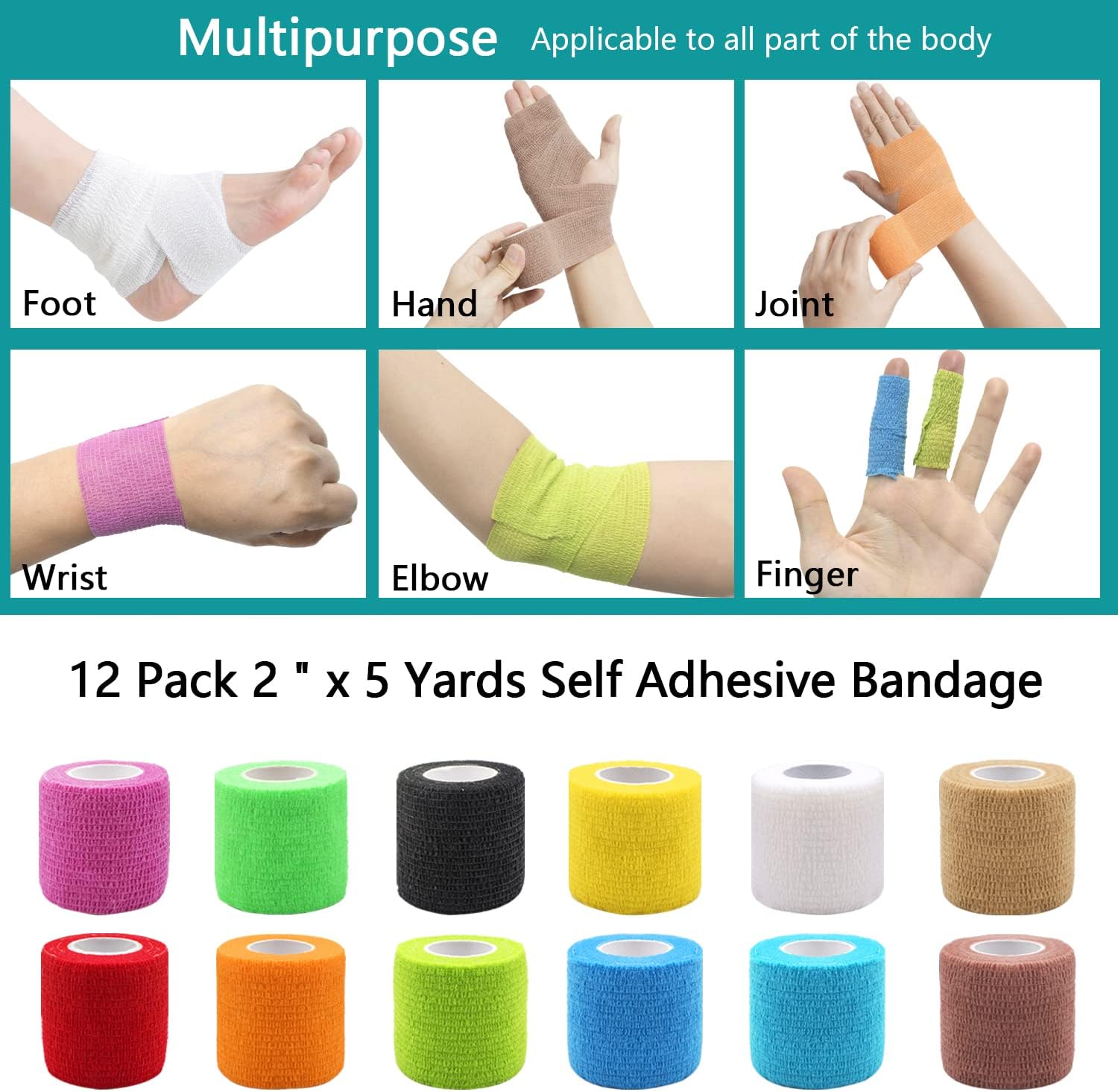 12 Rolls Cohesive Bandages, Self Adherent Cohesive Wrap 4.5mx5cm, Sport