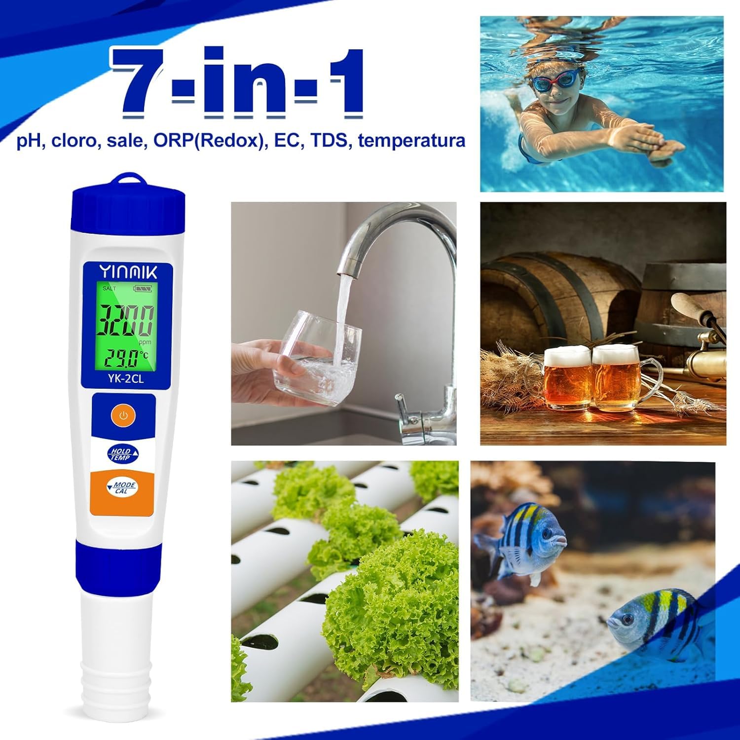 YINMIK Misuratore Digitale pH Cloro Sale per Piscine | Misura ppm, EC/TDS/ORP, Per Idroponica, Per Acquari, Per Acqua Potabile
