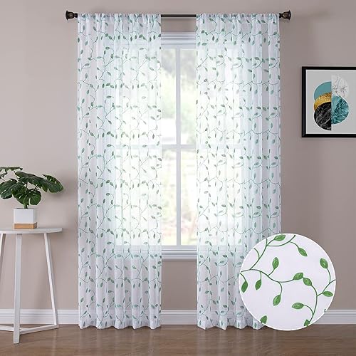 Cortinas Tollpiz translúcidas, con diseño de hojas bordadas, para dormitorio, de lino sintético, para sala de estar, juego de 2 paneles