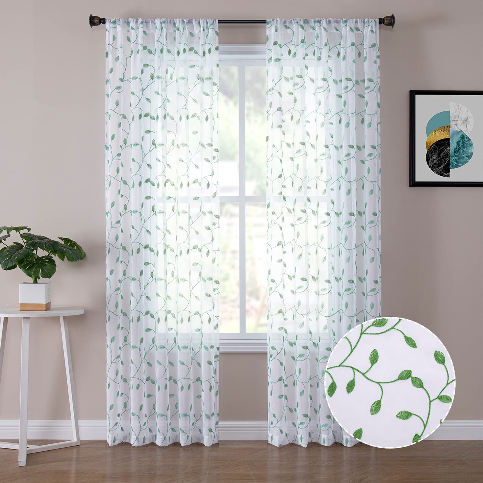 Tollpiz Leaves Sheer Window Curtain Green Leaf Embroidery Bedroom Curtains Rod Pocket Voile Faux Linen Embroidered Leaves Curtain for Living Room, 54 x 84 inches Long, Set of 2 Panels