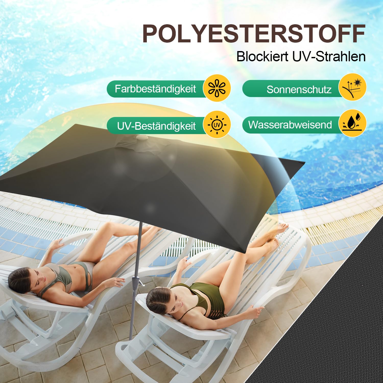 Fiqops Parasol przeciwsłoneczny 210 x 140 / 300 x 200 cm z korbą, prostokątny, ochrona przed słońcem, UV50+, składany, wodoszczelny, do ogrodu, na taras, bez stojaka, Szary bez LED, 210 x 140cm
