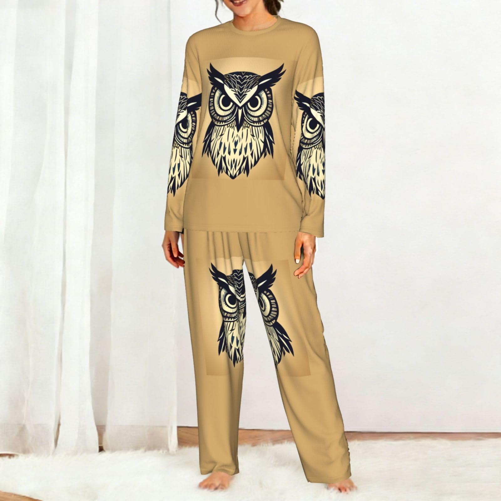 Pigiama da donna a maniche lunghe con stampa di gufi, morbido pigiama da spiaggia, vacanze, abbigliamento da notte, regalo casual