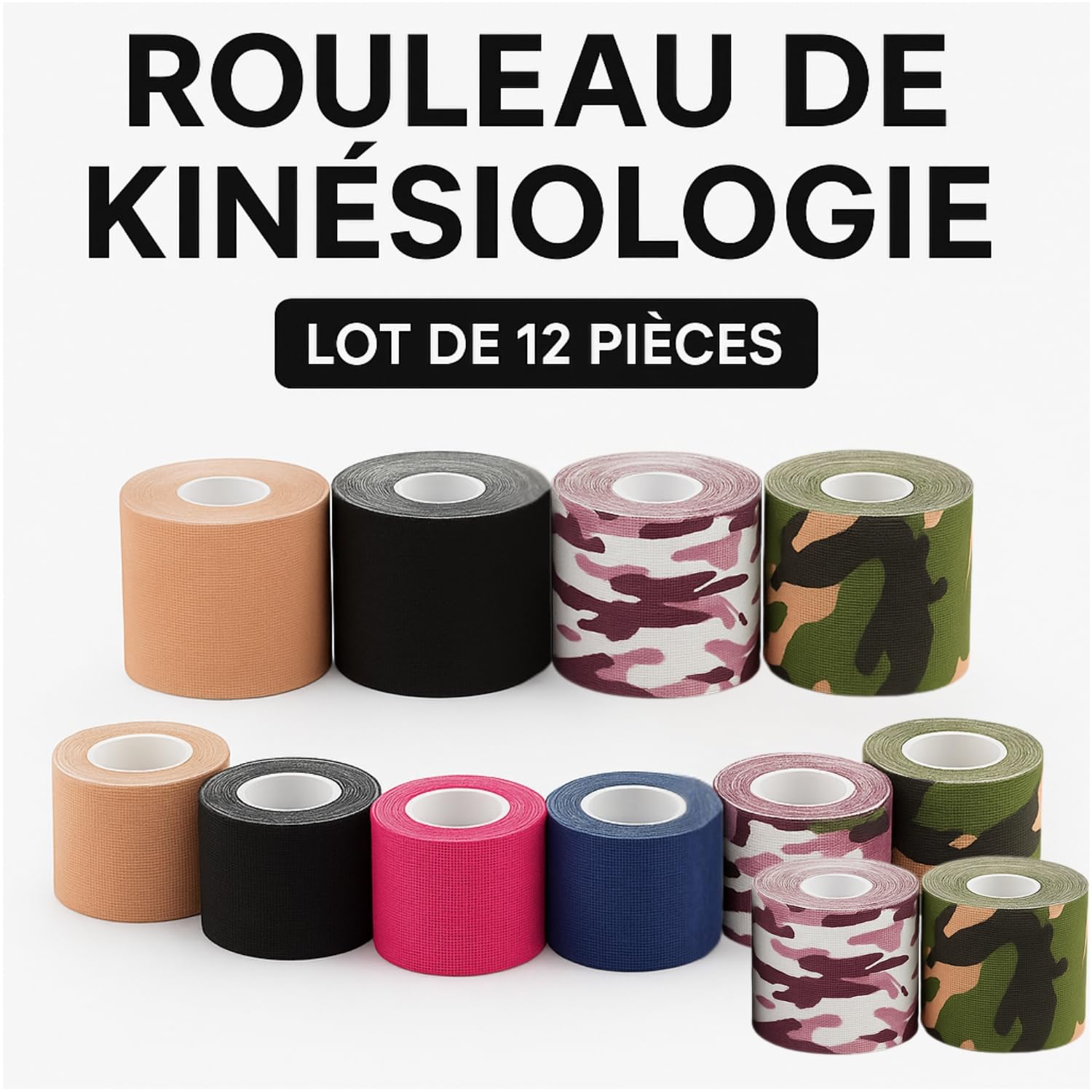 Bande kinesiologique 12 pieces - Kinesio Tape Sport Genou, Epaule, Cheville, Dos - Strapping Elastique Anti-Douleur, Waterproof & Hypoallergénique - Taping musculaire pour Tendinite, Entorce, Crossfit