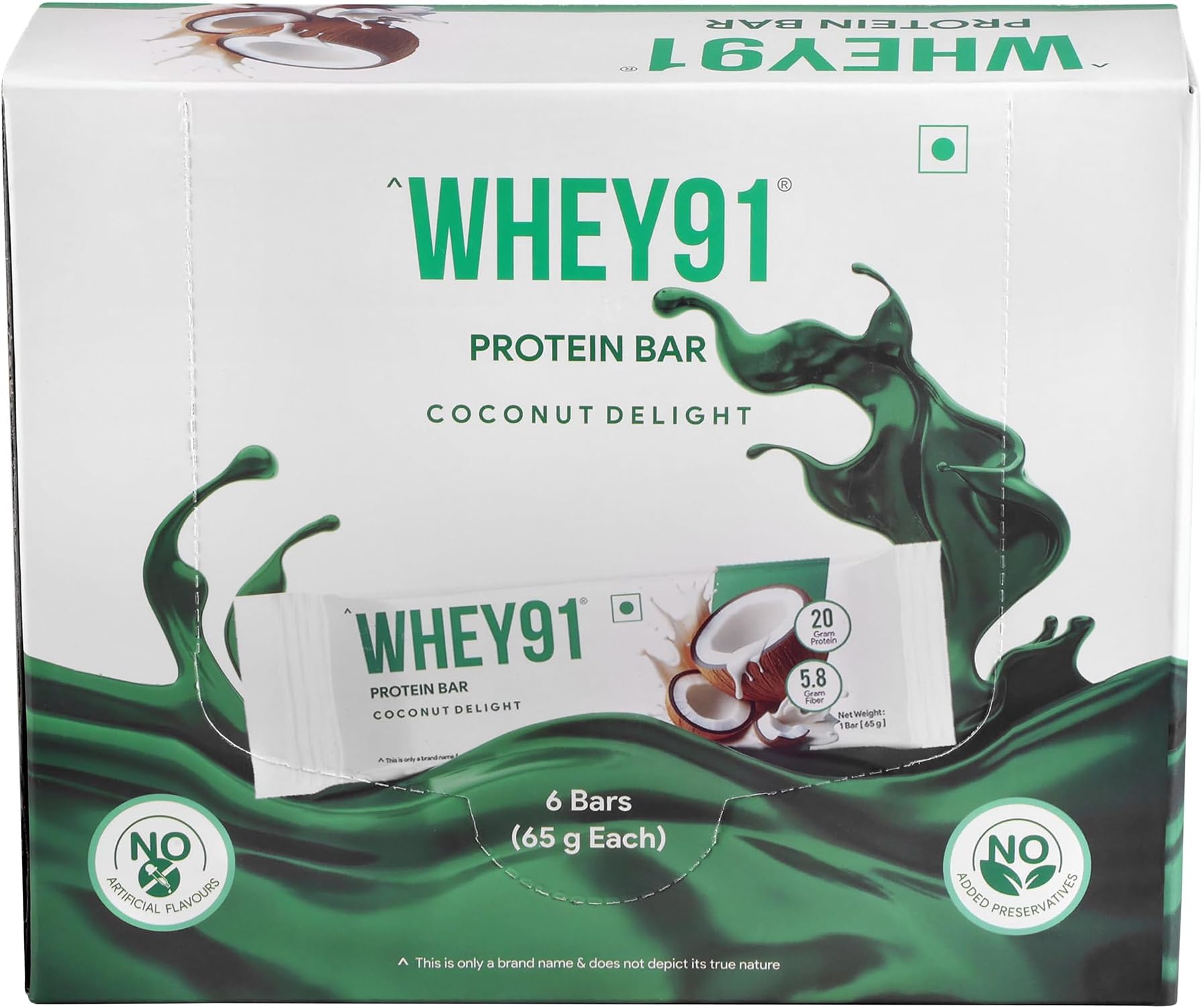 Whey91 Coconut Delight Protein Bar, 20g Protein & 5.8g Fiber in each, No Added Preservatives, No Artificial Flavours, 390g- (Pack of 6)