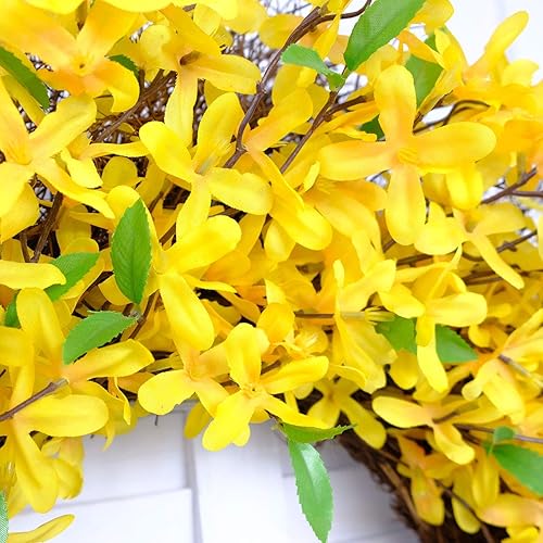 Miniatura 8 de Corona de primavera de flor de Forsythia amarilla de 25 pulgadas para puerta delantera, decoración rústica de verano para puerta delantera, coronas