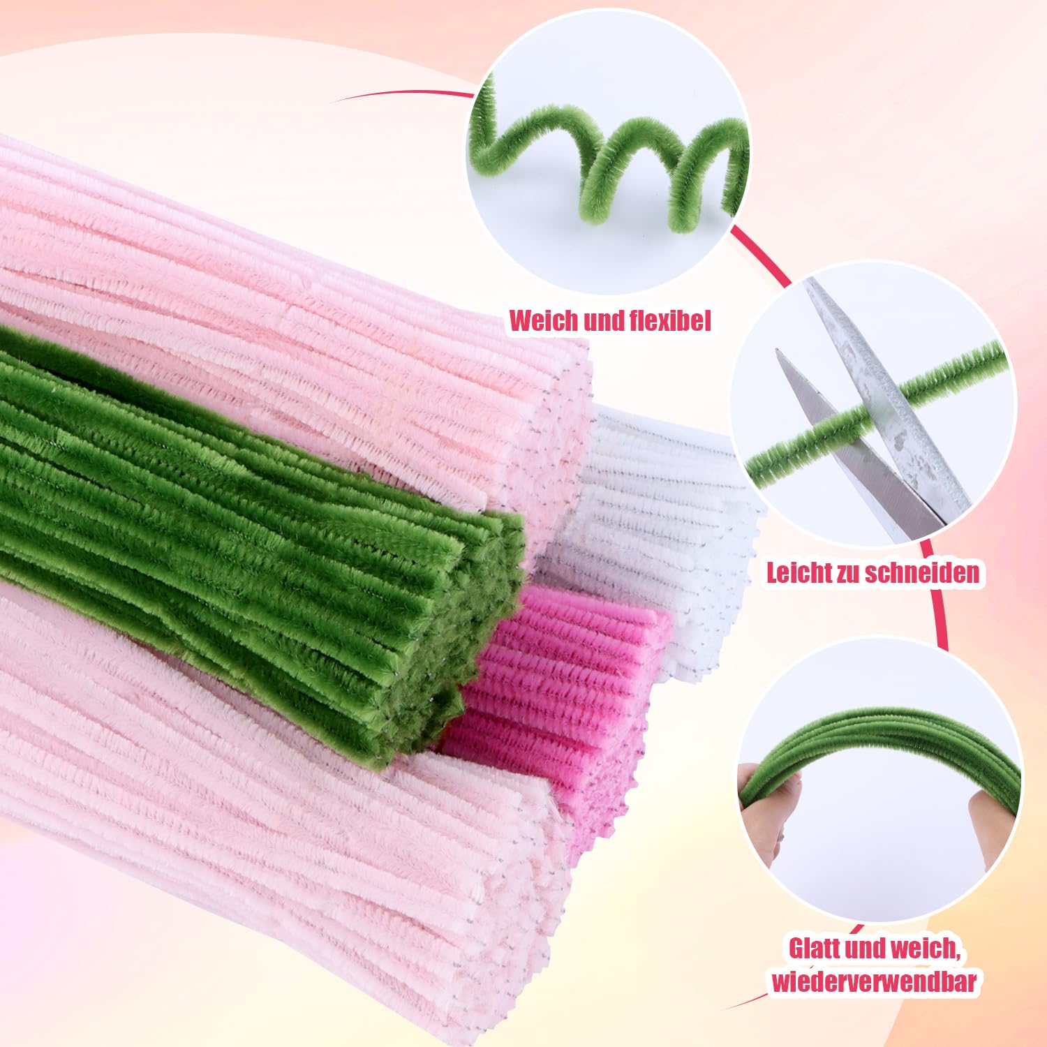 Fil Chenille Rose 500PCS Cure Pipe Chenille Loisir Creatif 5 Couleurs Pipe Cleaners avec Étamines Floratape et Tige Fleur Artificiel pour Fournitures de Bouquet de Fleurs et de Décoration DIY