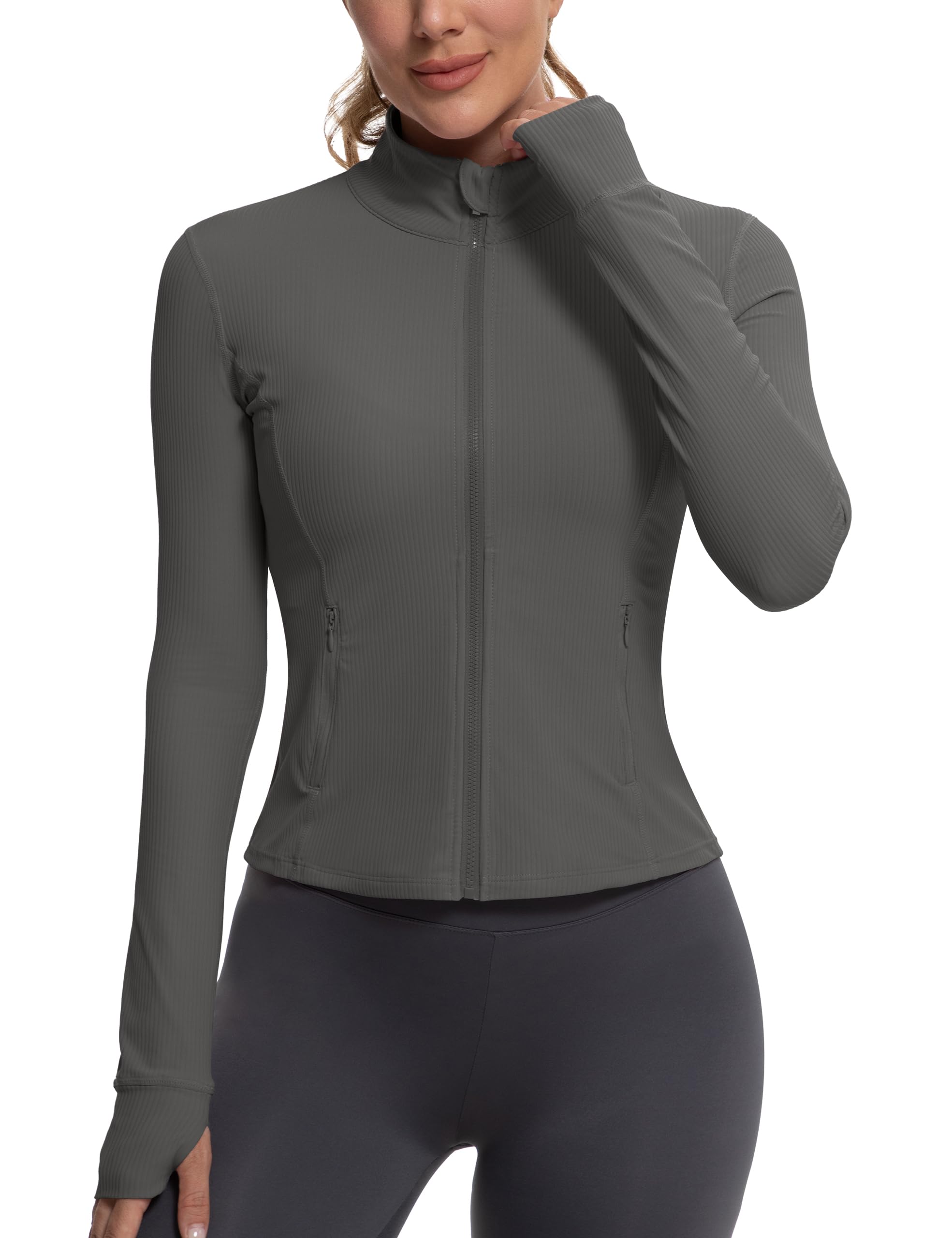 MathCat Ribbed Athletic Jacket for Women,Full Zip Workout Jacket Slim Fit Yoga Running Jacket with Pokets