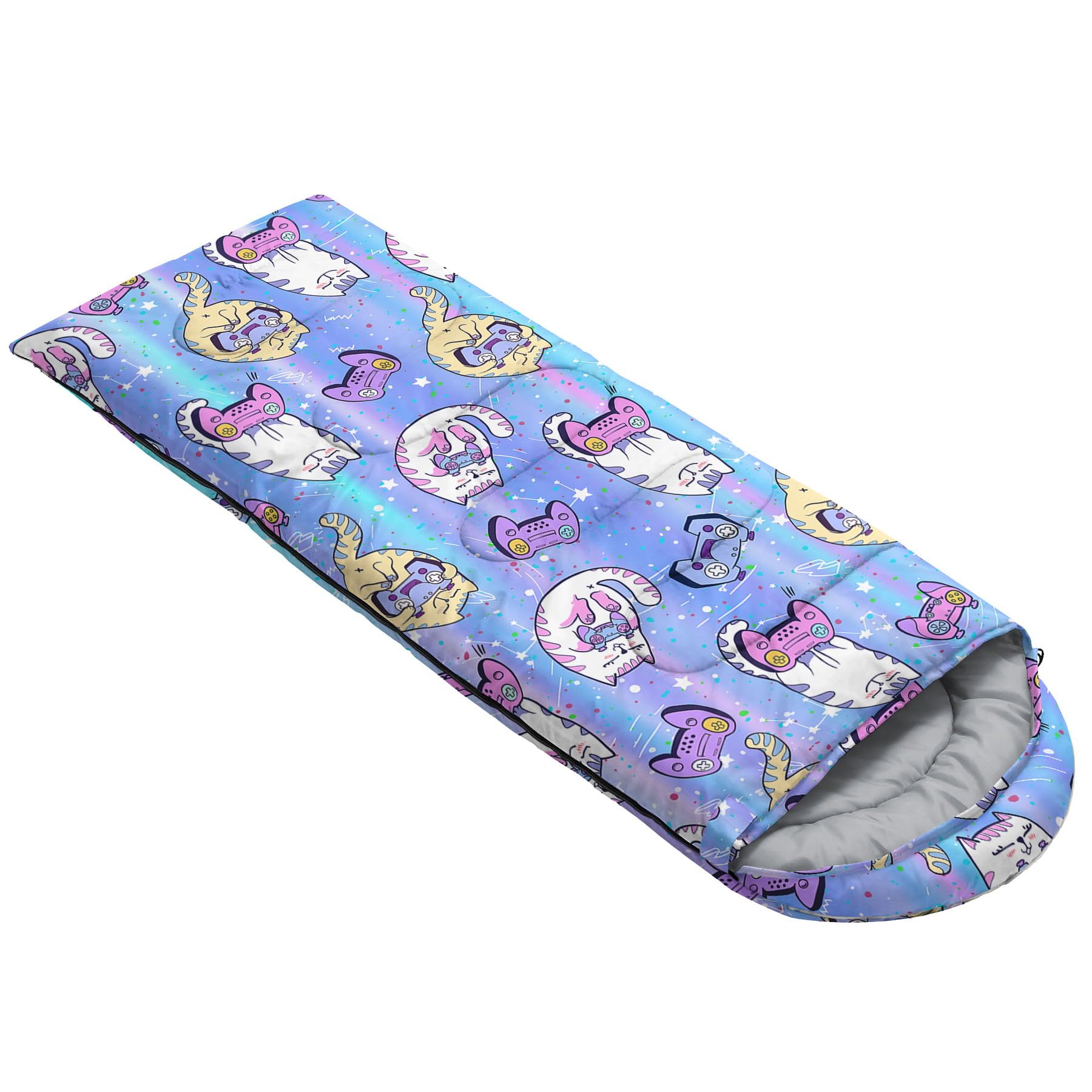 HOSIMA Sleeping Bags for Boys Girls Kids,Gamepad Cat Printeded Lightweight Warm Portable Outdoor Indoor Waterproof Cold-Resistant Sleeping Bag for Camping Hiking (Cat) - Image 2