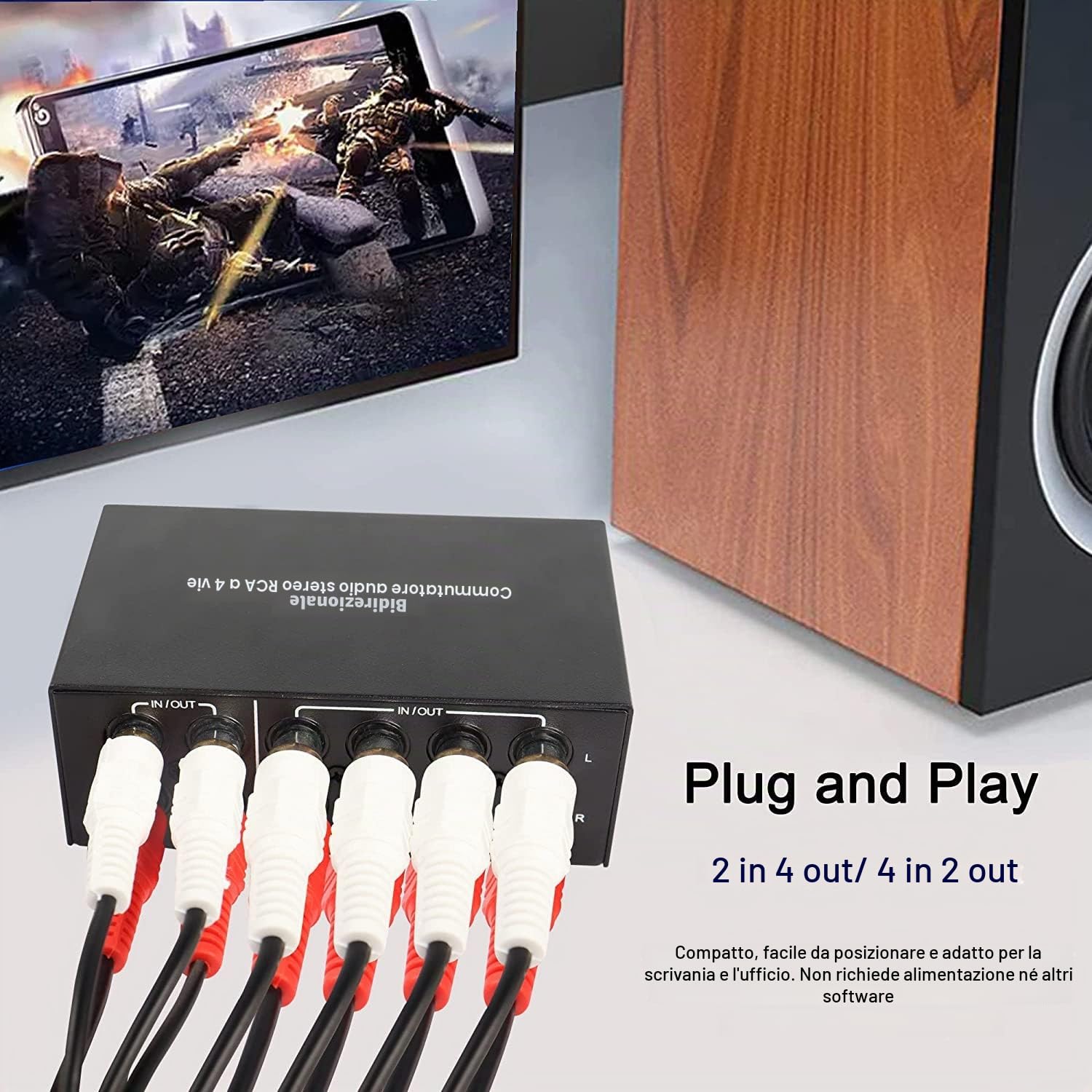XMSJSIY Commutatore audio stereo bidirezionale L/R RCA a 4 vie, 2 in 4 uscite o 4 in 2 uscite, interruttore audio RCA L/R canale audio splitter audio selettore audio scatola interruttore per DVD