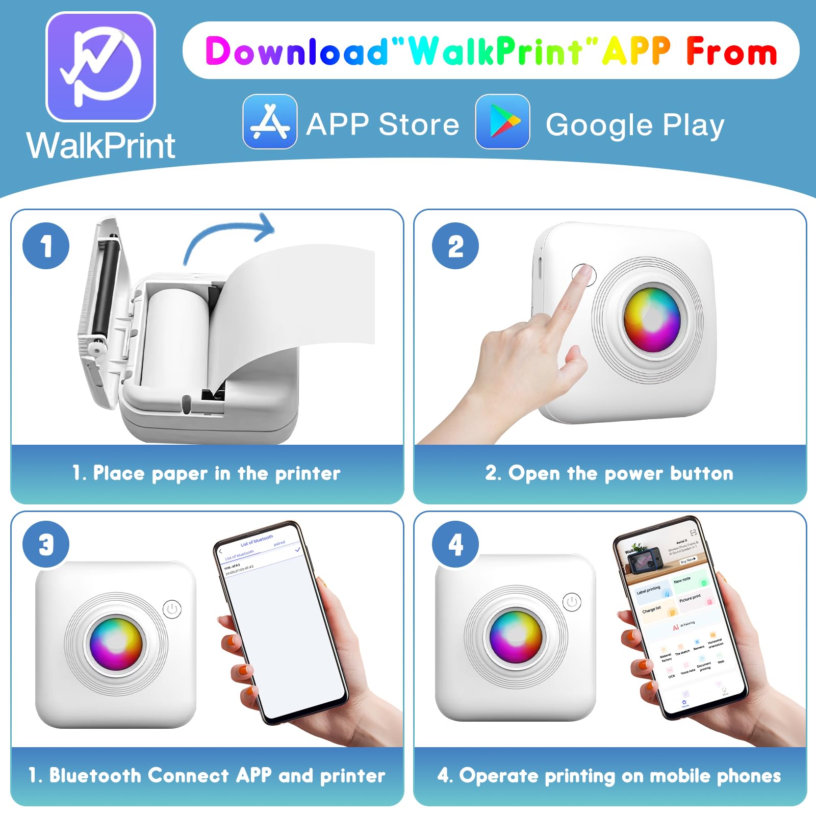 Mini Imprimante Portable Thermique Bluetooth NLMWTI – Photos, Notes, Stickers + 14 Rouleaux De Papier Inclus