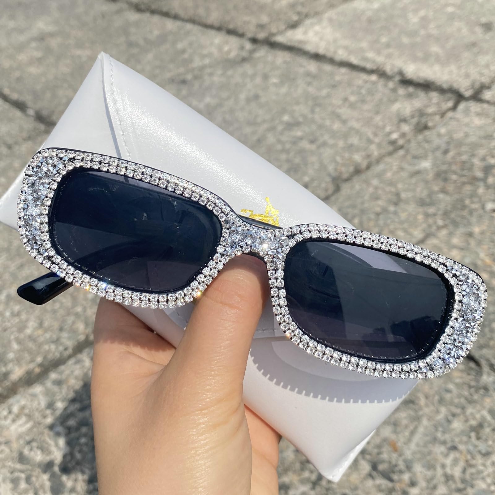 90s Retro Rectangle Diamond Sunglasses for Women Men Square Vintage Frame Trendy Rhinestone Sun Glasses UV Protection (black)
