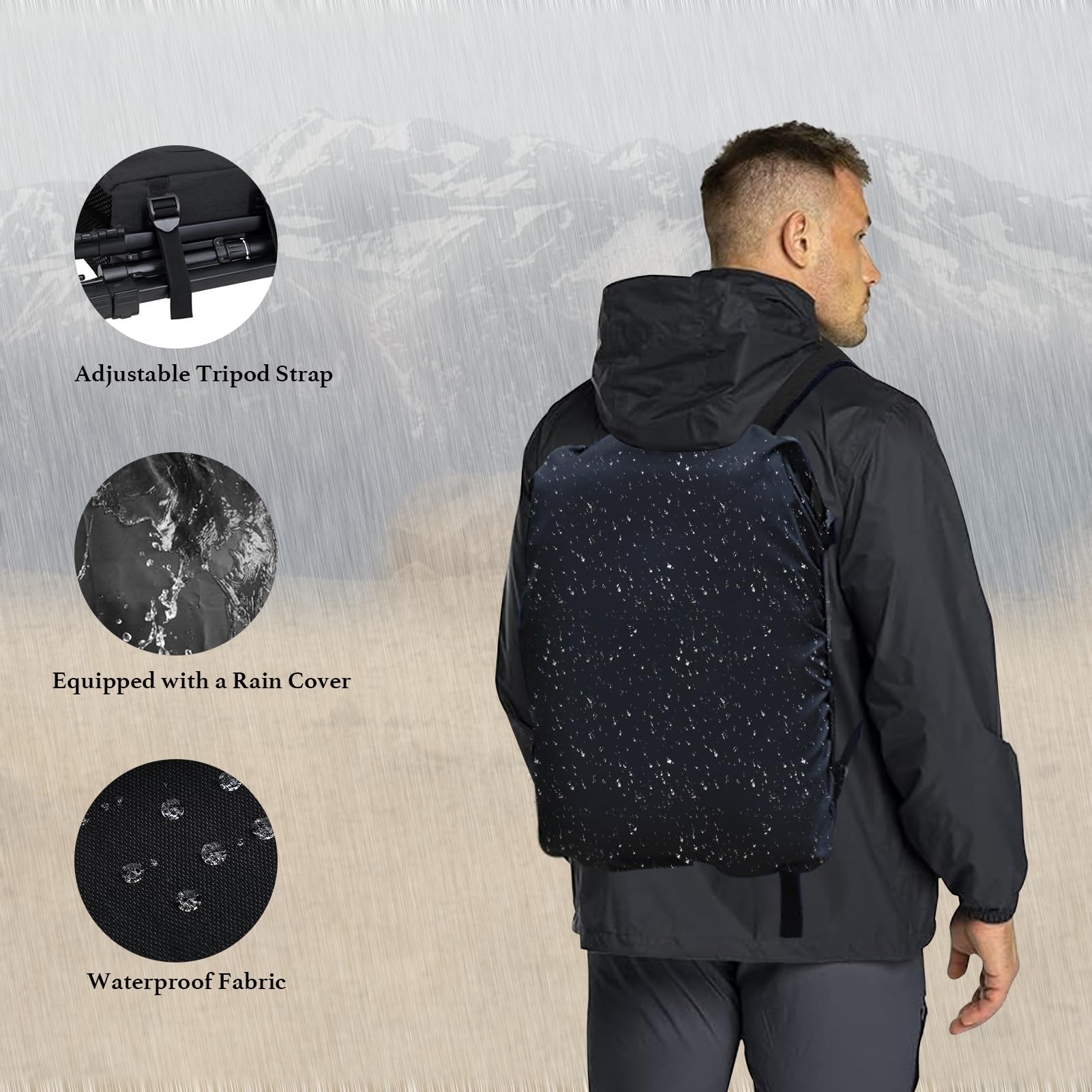 Sac à dos Appareil Photo Grand, Sac Photo pour Reflex et Hybride, 39 x 29 x 19 cm, Housse de Pluie Noire, Compartiments Réglables, Ordinateur Portable 15,6 Pouces, Sangle de Poitrine, Noir