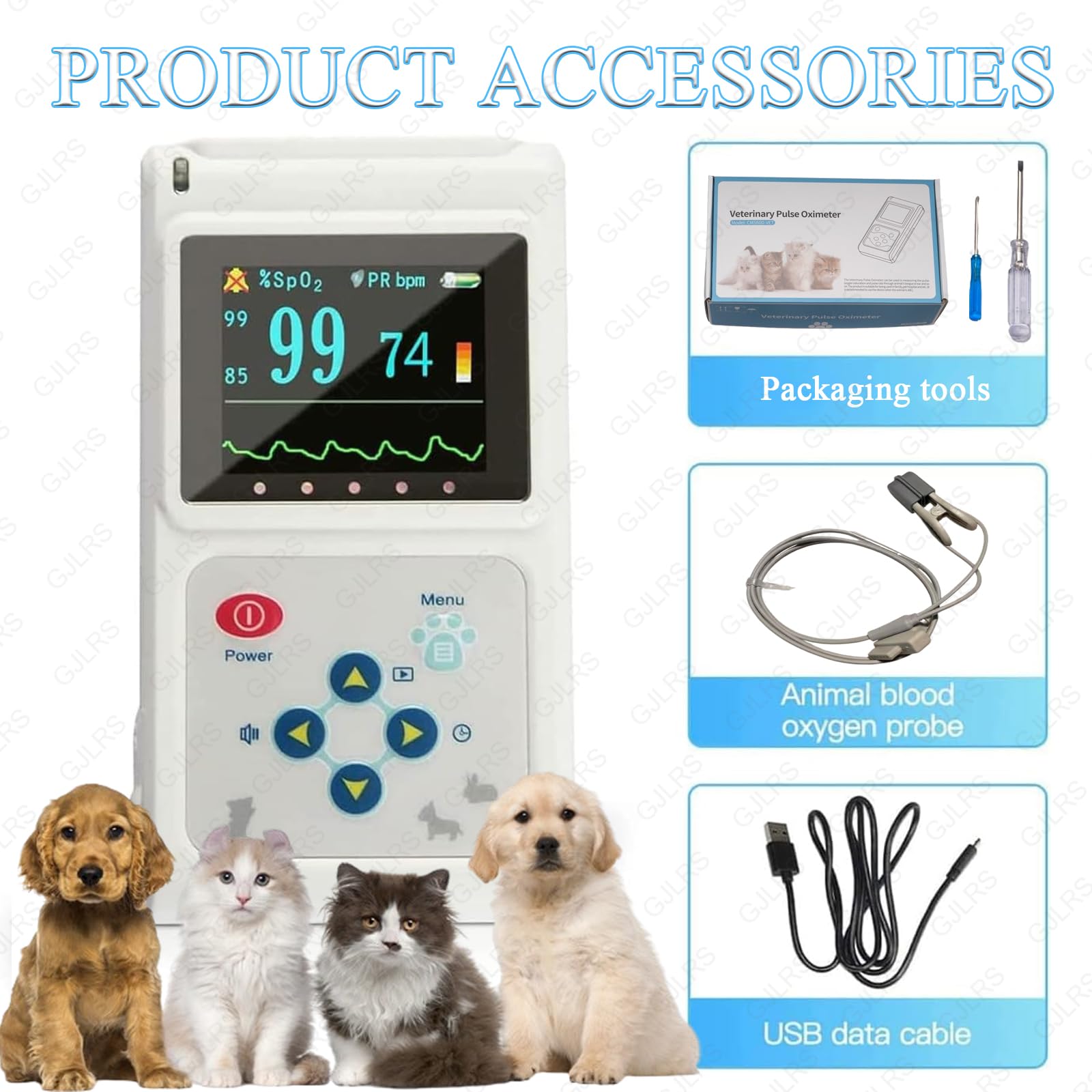 Oxymètre de pouls vétérinaire Portable, oxymètre de pouls, capteur auriculaire/Lingual, Plage de Mesure SpO2 0-100%, résolution 1%, Rechargeable, Surveillance précise de la santé des Animaux