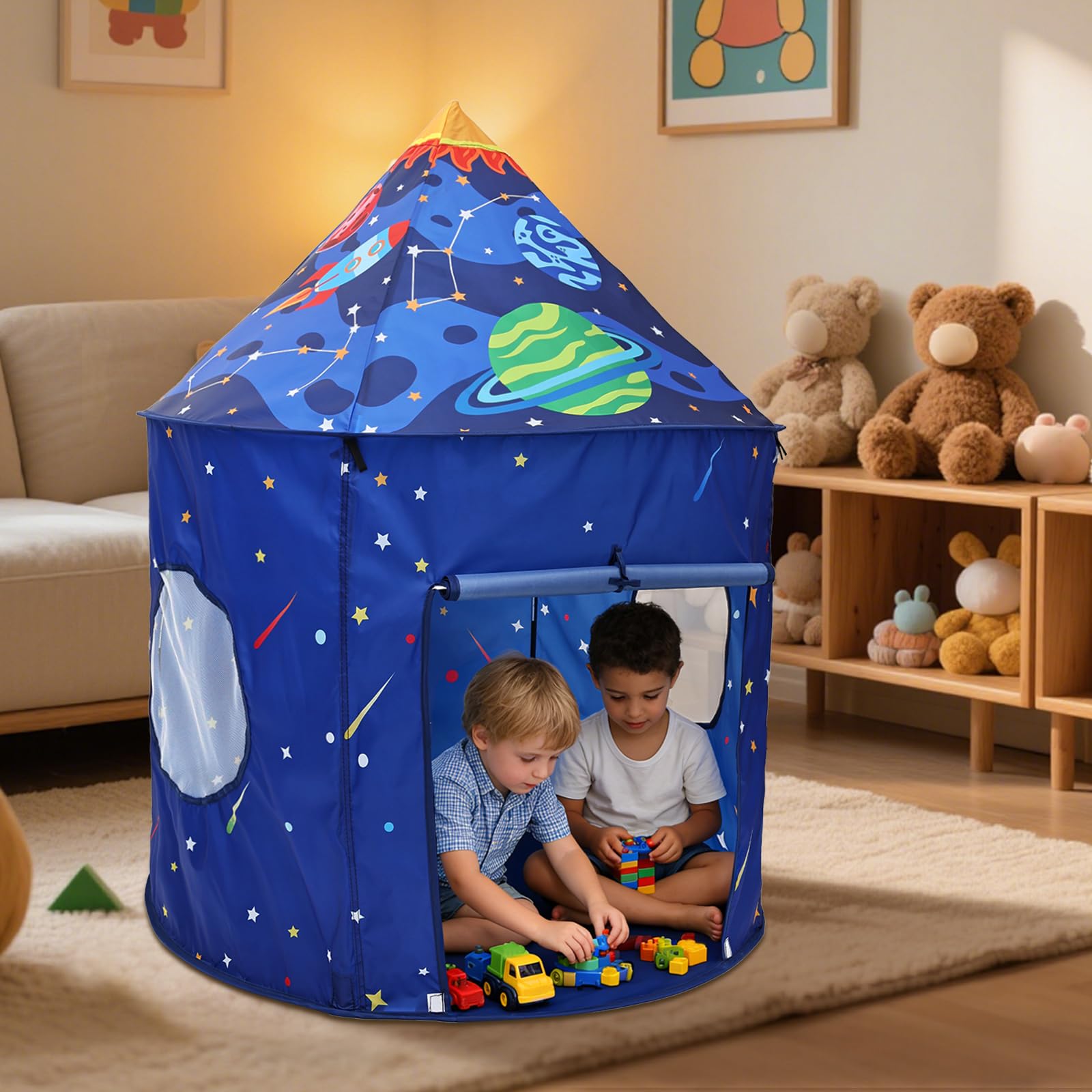 Rocket Space Ship Play Tent for Kids, Astronaut Themed Playhouse for Indoor & Outdoor Easy to Install, 190T Polyester and Rod wrapped in PP, Foldable Wigwam Space Adventure Gift for Boys and Girls