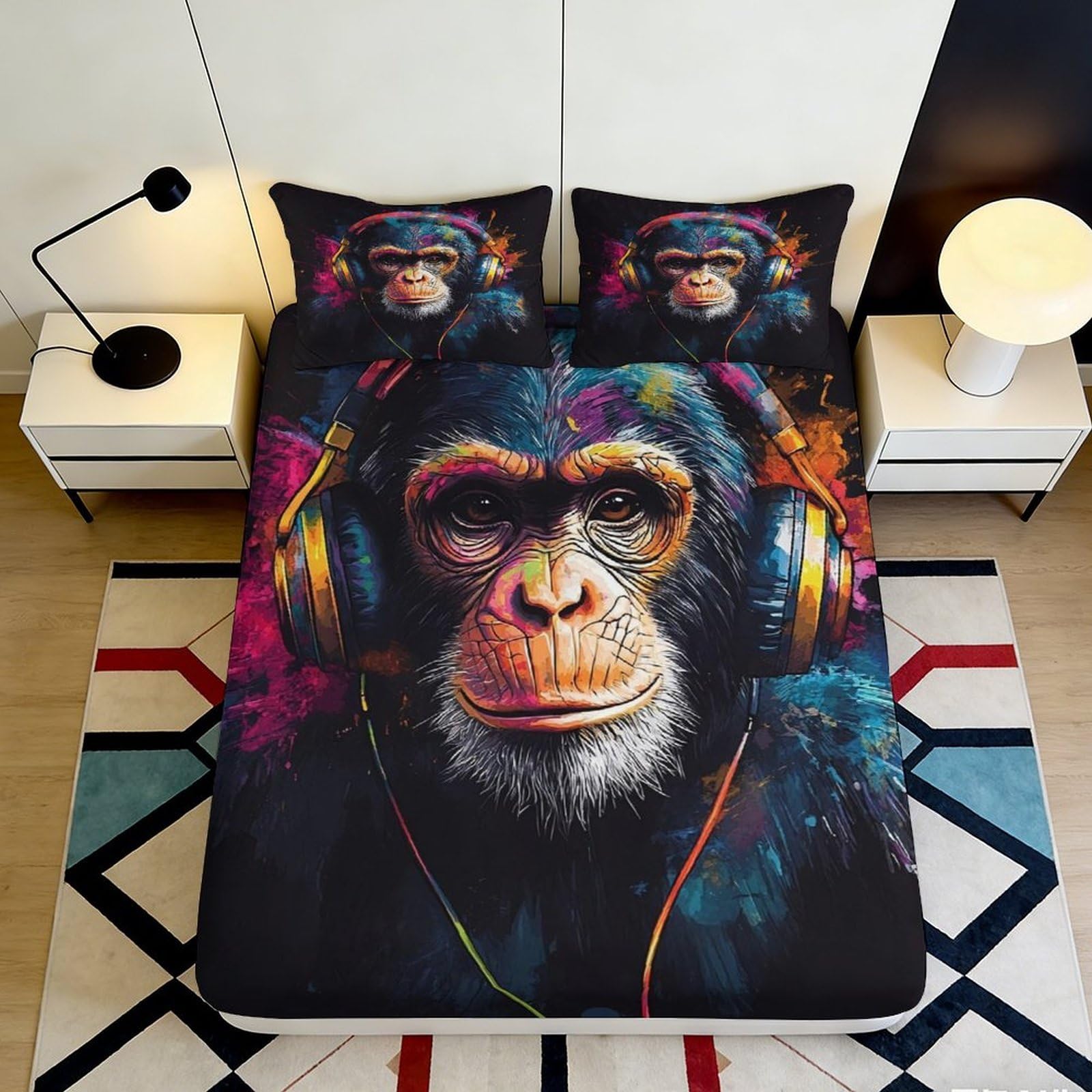 3D Printed Monkey Headphone Fitted Sheet Microfiber Soft Vibrant Graffiti Mattress Cover for Bedroom Dorm Decor 200x200x25cm