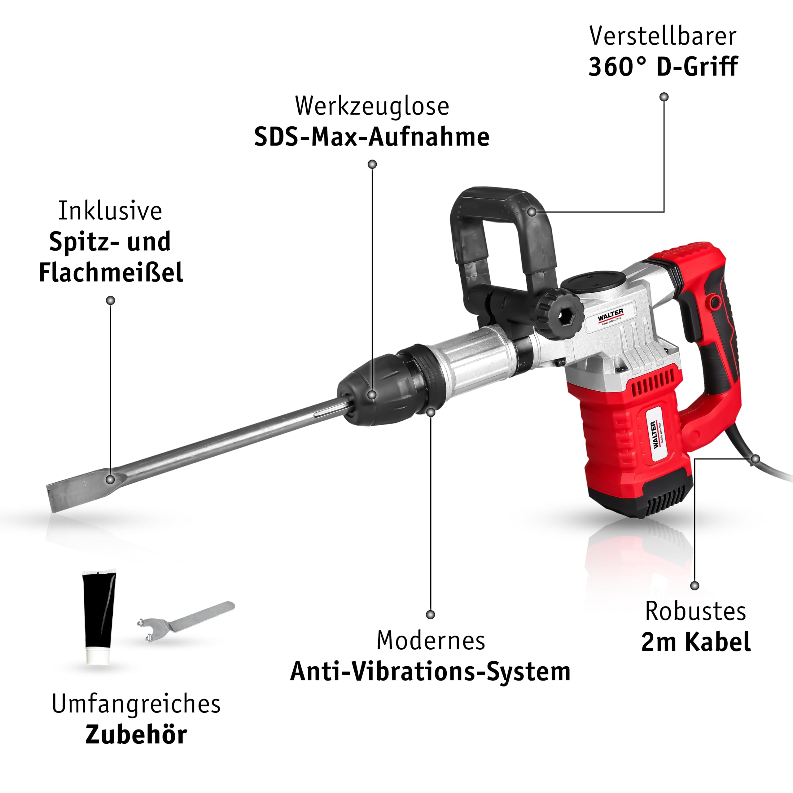 WALTER SDS Max - Stemm- und Abbruchhammer 1300 W, Meißeln, leistungsstark, 3800 Schläge pro Minute, 230 V / 50 Hz, ideal für anspruchsvolle Aufgaben in schwer zugänglichen Bereichen, Stemmen