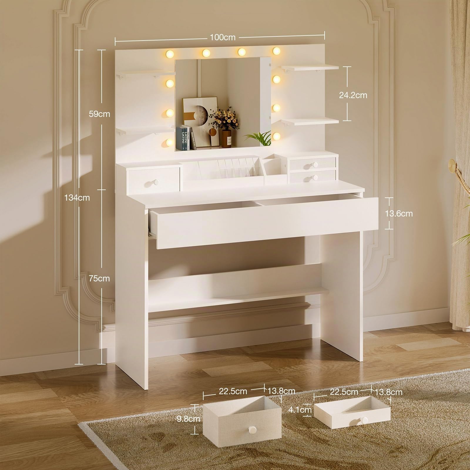 Coleshome Tocador de Maquillaje con Espejo LED y 10 Luces, Mesa de Maquillaje, Tocador Blanco con Cajones, Organizador y Estantes, Moderno para Dormitorio, 100x40x136cm