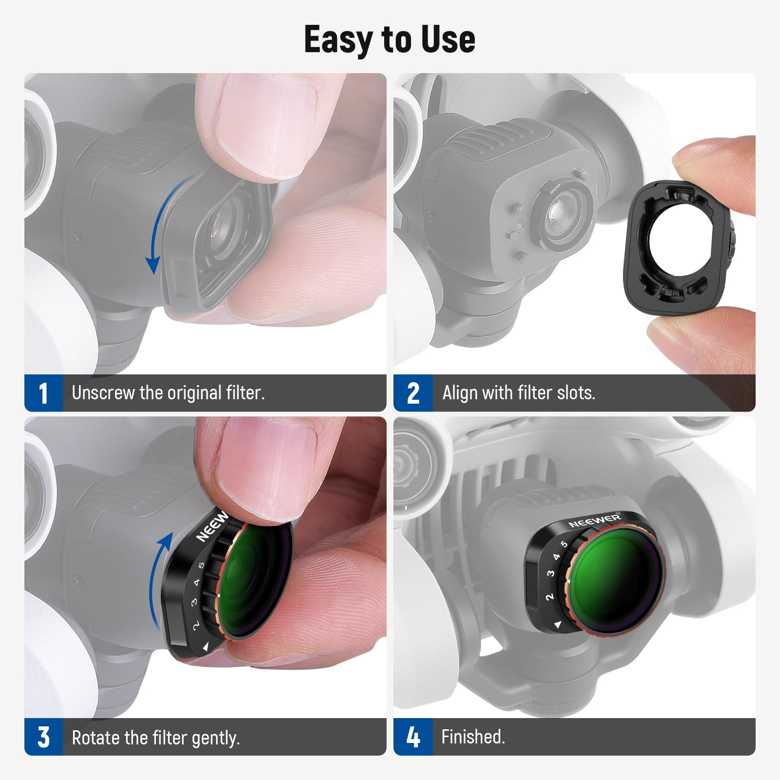 NEEWER Filtro ND Variabile Compatibile con DJI Mini 3 Pro, ND2-32 1-5 Stop a Scatto in Vetro Ottico HD Multistrato, Telaio Sottile in Metallo, Accessori per Obiettivi Drone per Foto/Videografia Aerea