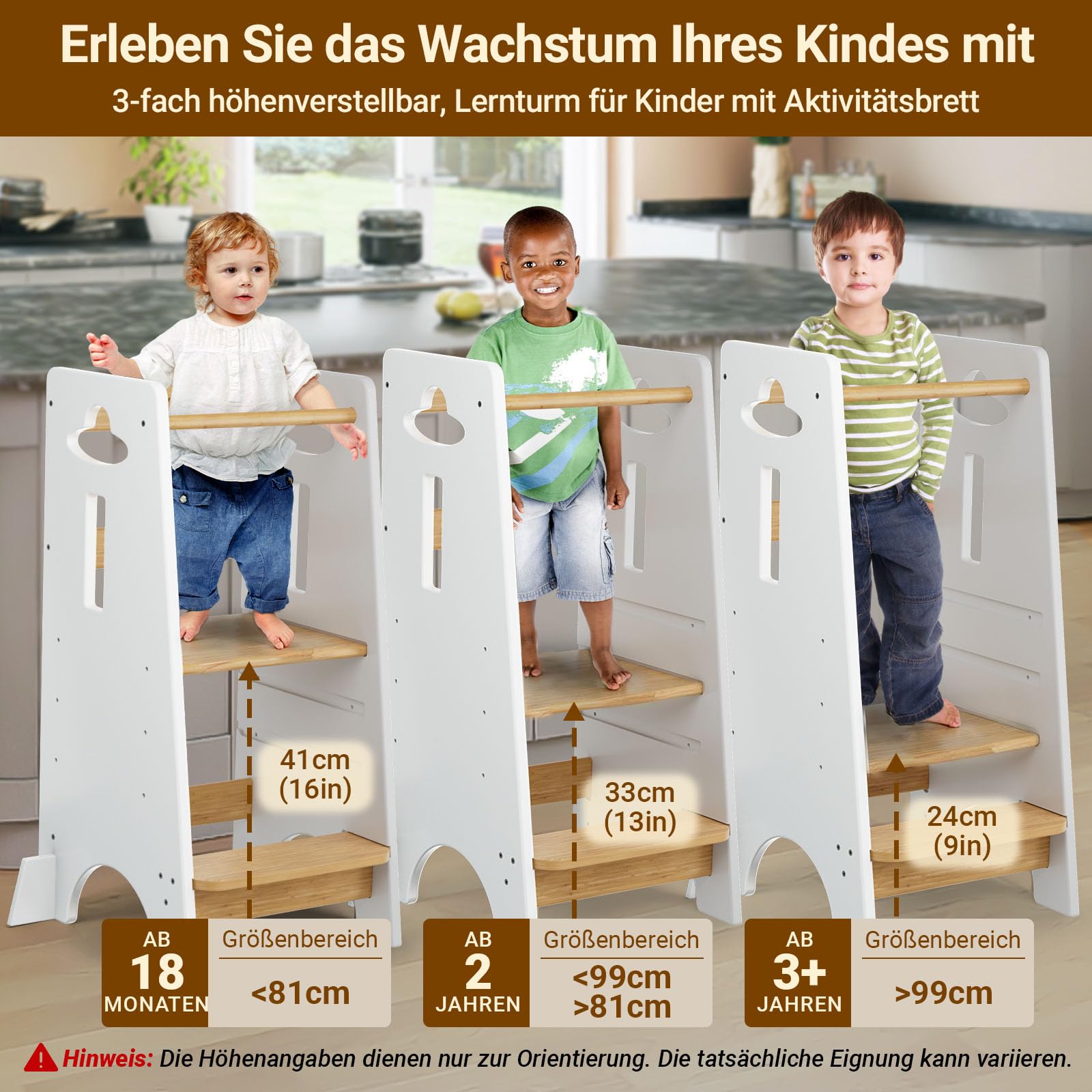 COSYLAND Lernturm ab 1 Jahr - Höhenverstellbarer Learning Tower für Kinder (3-stufig) - Montessori mit Kippschutz & Massivholz (Weiß und Holz)