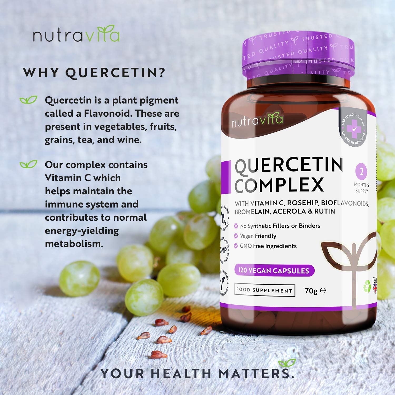 Quercétine 500 mg − 120 gélules vegan - Testé en laboratoire - Mélangées avec Vitamine C 80mg − Naturellement fait à partir d'extrait de fleur de cordage japonais - Dose élevée - Nutravita