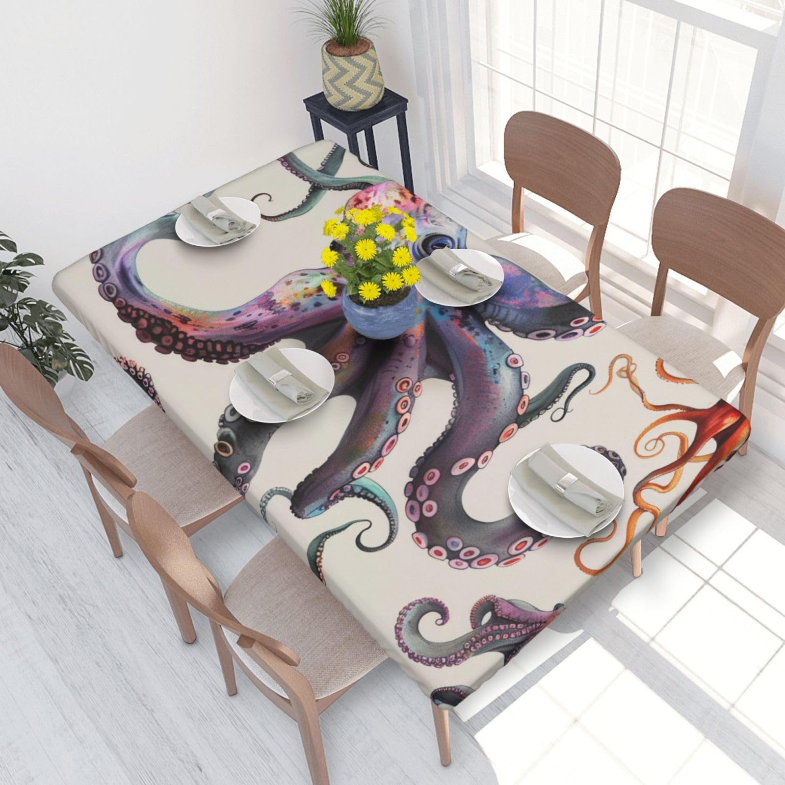 DCARSETCV Color octopus Printed 4FT Waterproof Tablecloth with Elastic Edged Protect & Decor Your Table, Oil-proof Washable Table Cloth Cover for Dinner Picnic Party