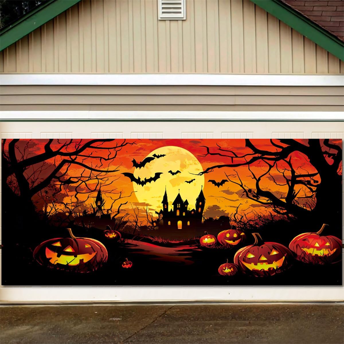 7x16FT Halloween Garage Door Decoration Banner, Scary Castle Theme Large Garage Door Cover, Orange Full Moon Twisted Branches and Evil Pumpkin Backdrop for Halloween Party Decorative Supplies