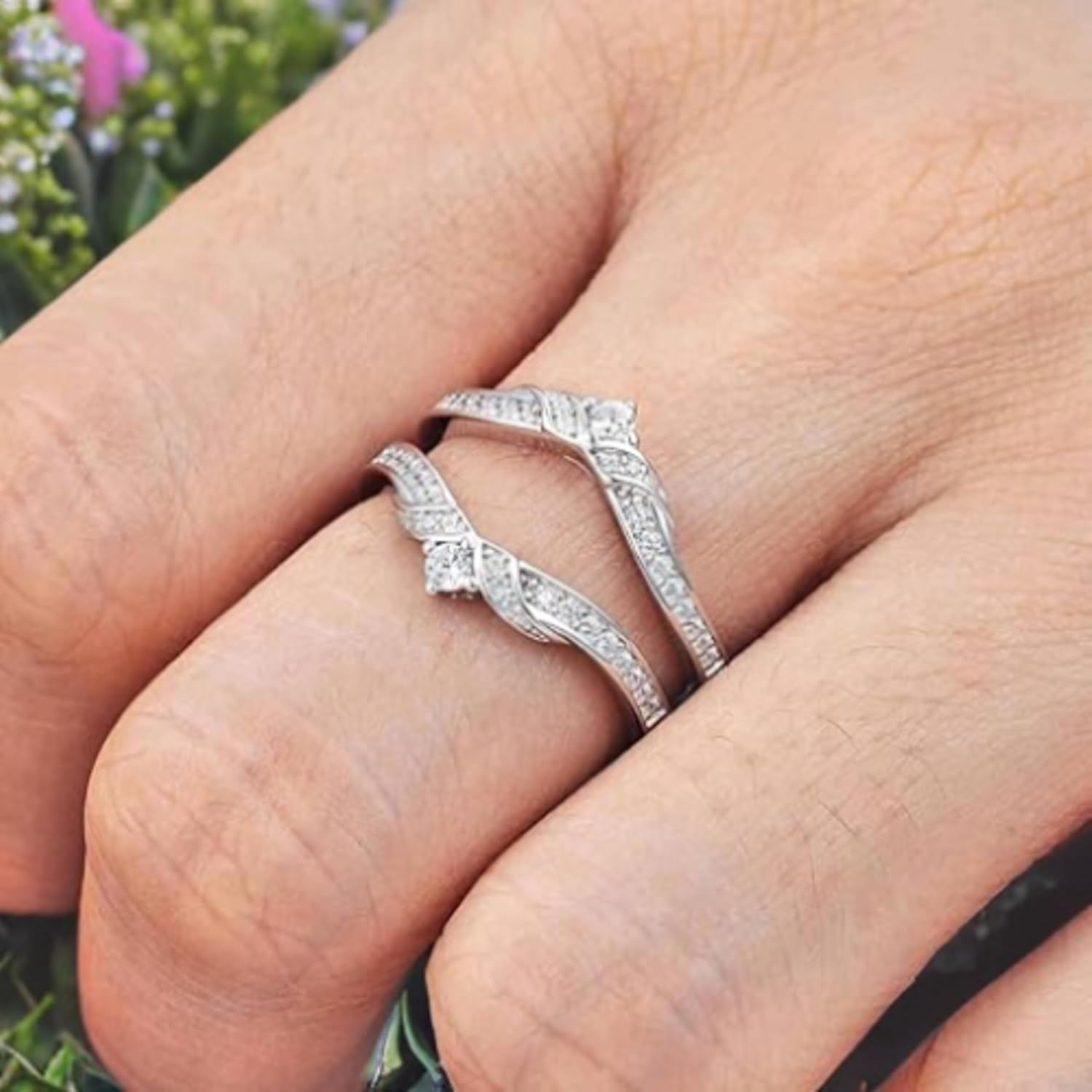 Wedding Ring For Women Sterling Silver Double Curved Band Enhancer Adjustable Band Engagement Ring Half Eternity Ring