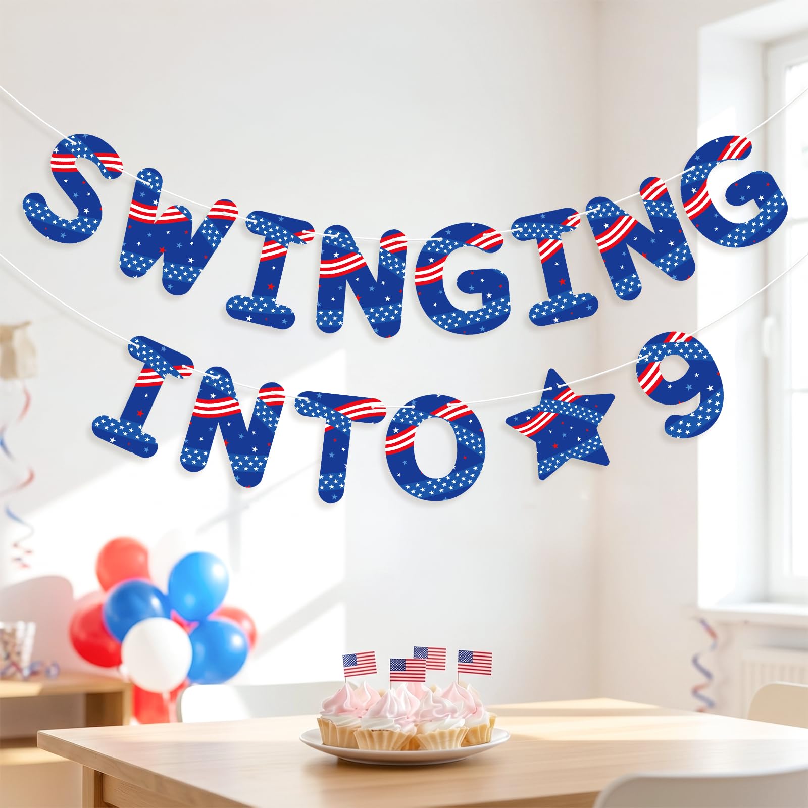 Patriotic Theme 9th Birthday Banner, Pre-Strung Hanging Swinging Into 9 Party Decorations Banners for Boys Girls Indoor Outdoor Celebration Supplies — image 1