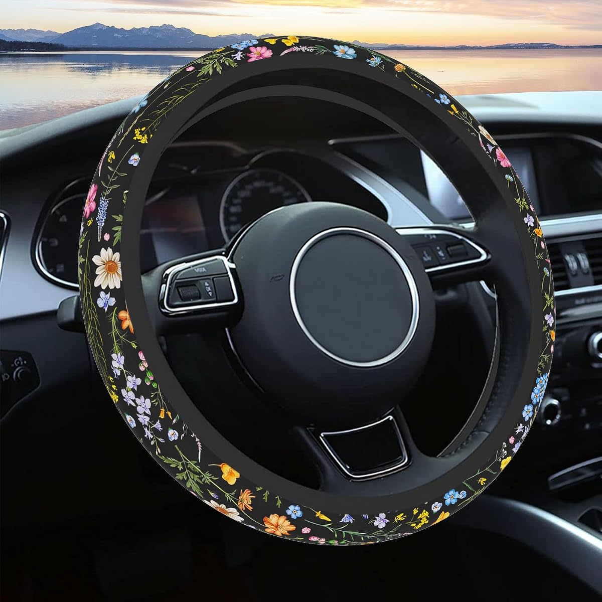 Car Steering Wheel Cover for Women Men,Cute Wildflower | Non-Slip Breathable, Steering Wheel Protector, Car Accessories, Universal 14" 02/2-15" Fit Auto, Suvs