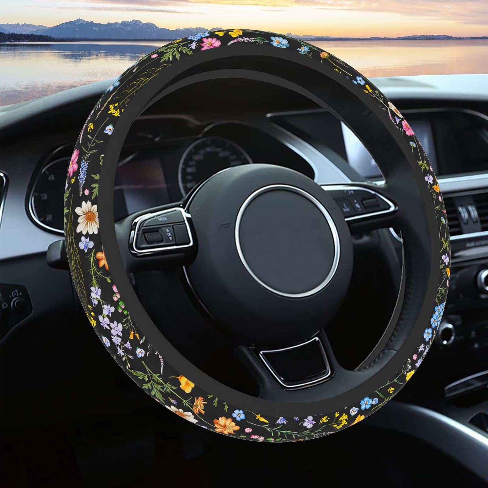 Car Steering Wheel Cover for Women Men, Non-Slip Breathable Steering Wheel, Wildflower Steering Wheel Protector, Car Accessories, Universal 14" 02/2-15" Fit Auto, Suvs