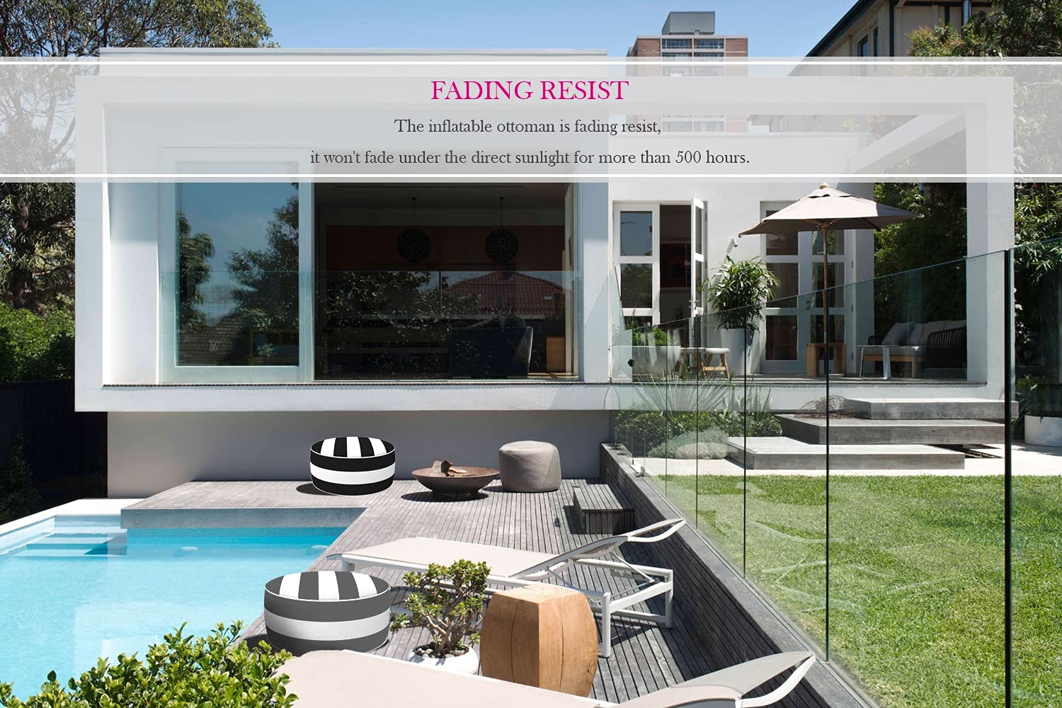 FBTS Prime Inflatable Footstool Ottoman Grey Stripe Round 21x9 Inch Patio Foot Stools and Ottomans Portable Footrest