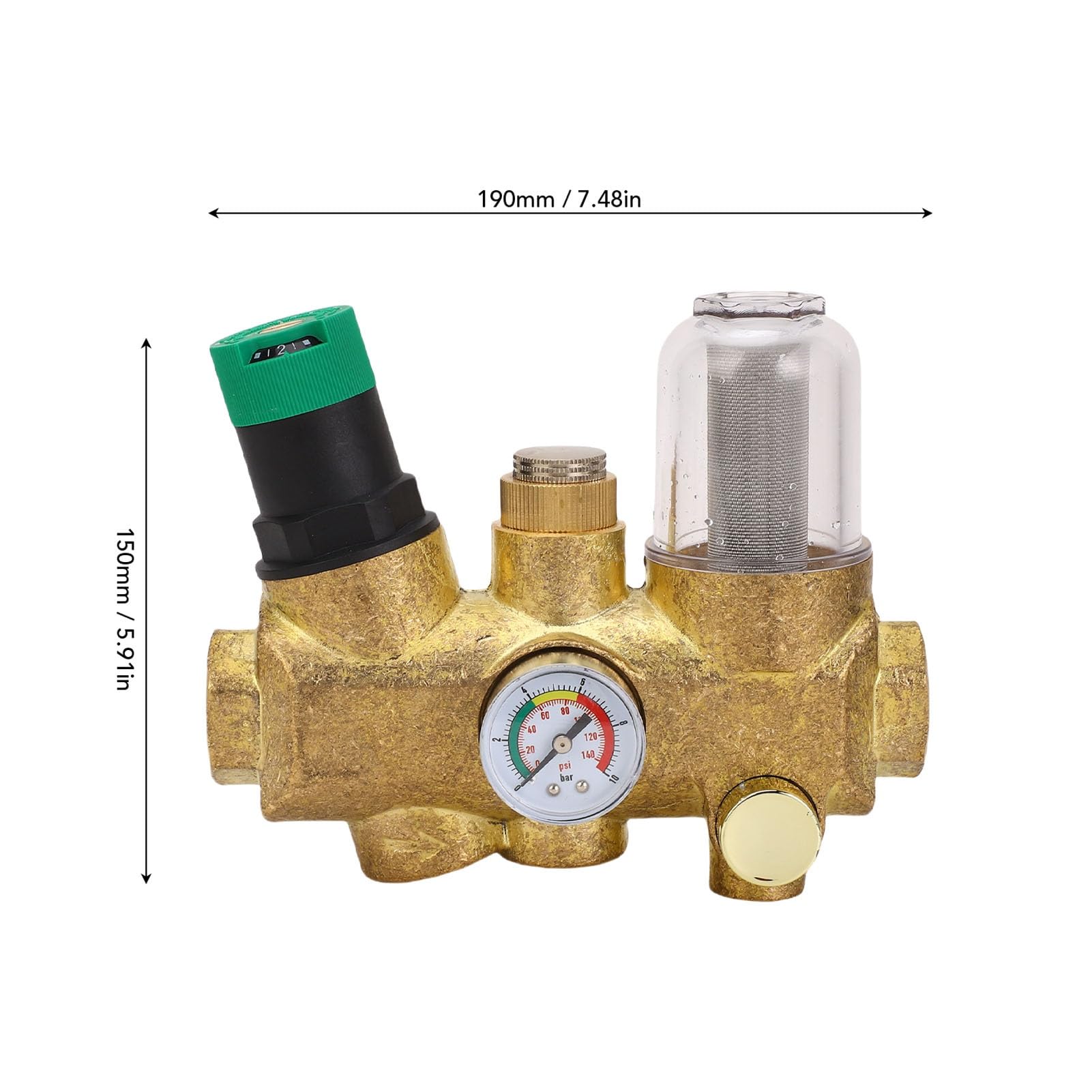 Valvola regolatrice della pressione dell'acqua, corpo in ottone DN15 da 1/2 pollice, con filtro autopulente da 40μm e manometro per la linea principale dell'acqua (1/2 pollice (DN15))