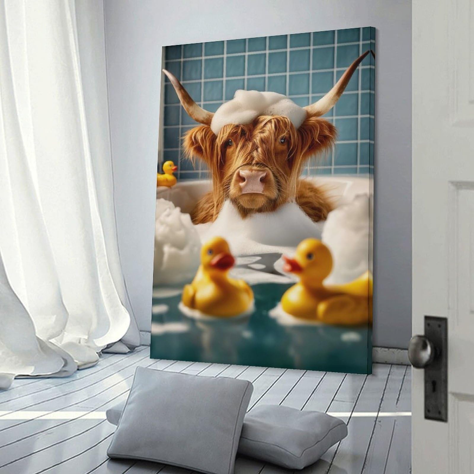 Junmoney Highland Cow in The Bath Wall Art Print 20x30inch(50x75cm), for Living Spaces, Bedrooms Or Relaxed Rooms, A Home Accent with Warm Character