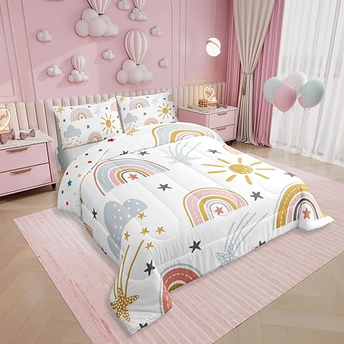 Miniatura 4 de Erosebridal Juego de ropa de cama de arco iris para niñas, juego de edredón de sol y estrellas, tamaño Queen para niños y niños, ropa de cama de