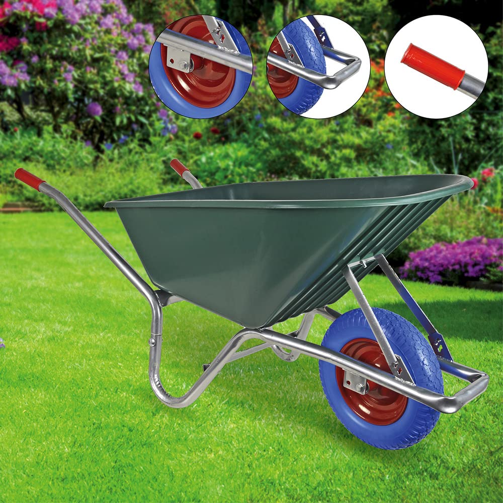 BPA Schubkarre 100 Liter Mulde PP Kunststoff Grün mit Pannensicherem PU Rad Blau Kugelgelagert Verzinkter Rahmen Vollgummirad Bauschubkarre