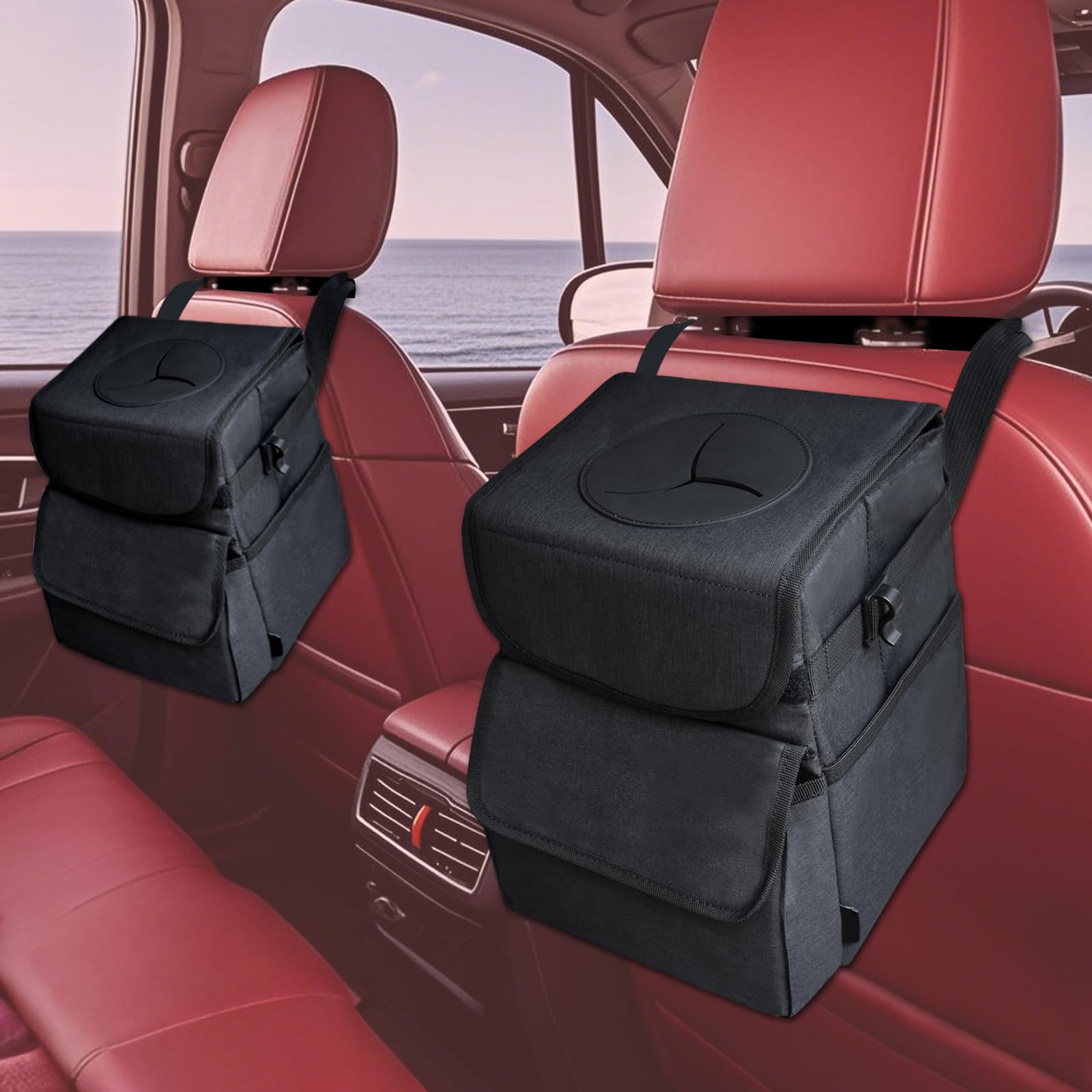 Car Trash Can With Lid, Hanging Car Trash Can Size Combination 2 Sets, Can Be Hung In The Back/Front Row, Waterproof And Leak-Proof Suitable For SUV,