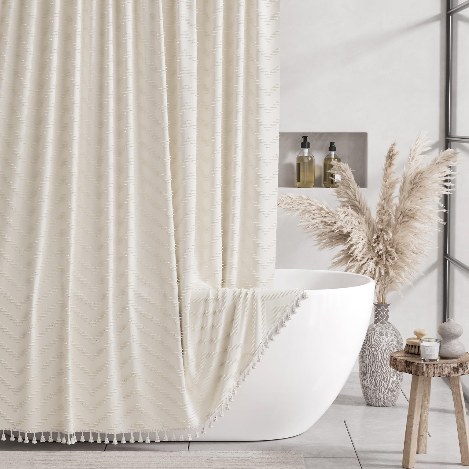 AmazerBath Boho Farmhouse Shower Curtain with Tassels, Beige Shower Curtain Set Fabric, Soft Cloth Chevron Rustic Shower Curtain with Hooks, Hotel Quality, 72x72 InchesOEKO-TEX STANDARD 100
