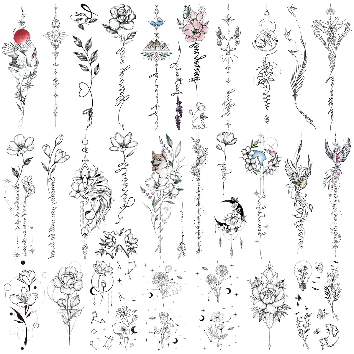Oottati Waterproof Temporary Tattoo 10 Sheets of Simple Flower Leaf Moon Line Drawing Suit for Back Arm Women and 7 Sheets of Small Flower