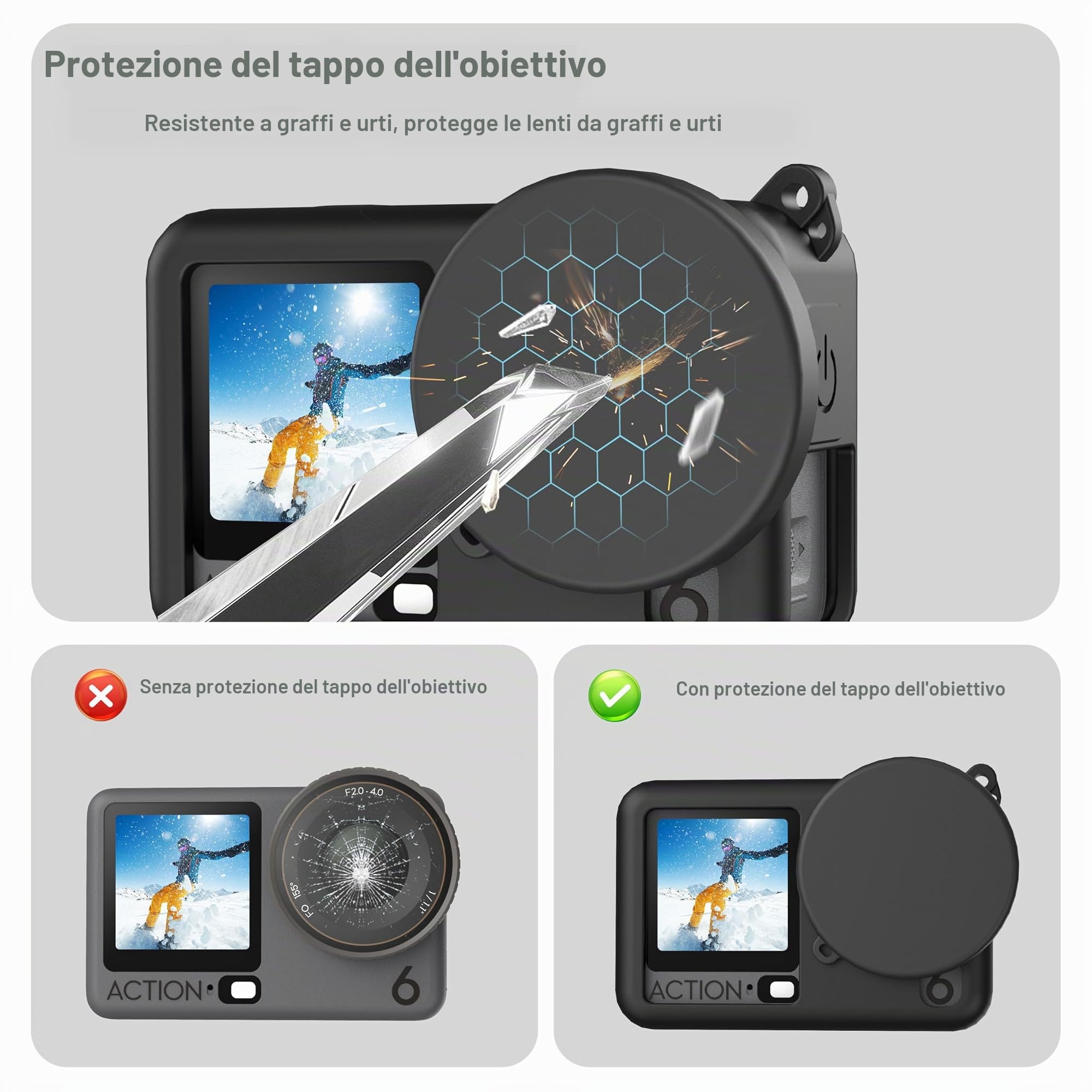 FiTSTILL Custodia in gomma siliconica+3 pellicole protettive in vetro temperato compatibili per DJI Osmo Action 6, custodia in gomma, copriobiettivi, pellicole protettive per schermo e cordino, per