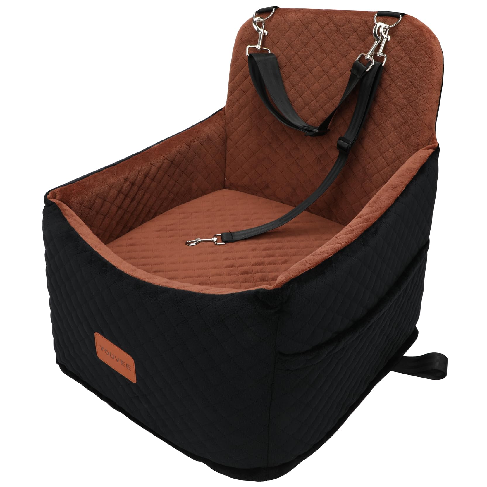 Youvee Dog Booster Seat, 6-Inch Elevated Pet Car Seat for Small Dogs up to 30 lbs, Comfortable, Storage Pocket (Black Outside, Brown Inside)