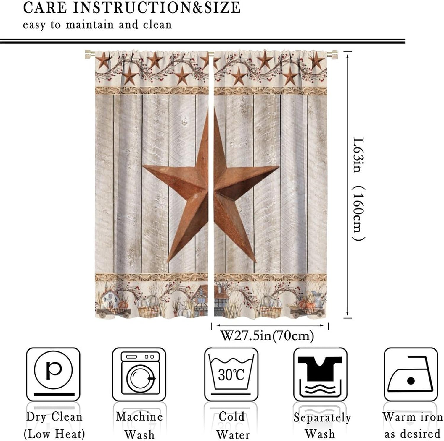 Western Style Star Curtains,Farmhouse Vintage Wooden Barn Door Polyester Fabric Window Treatments for Bedroom Living Room Kitchen Café Window Drapes 2 Panels Set,Total Size 55" x 63"