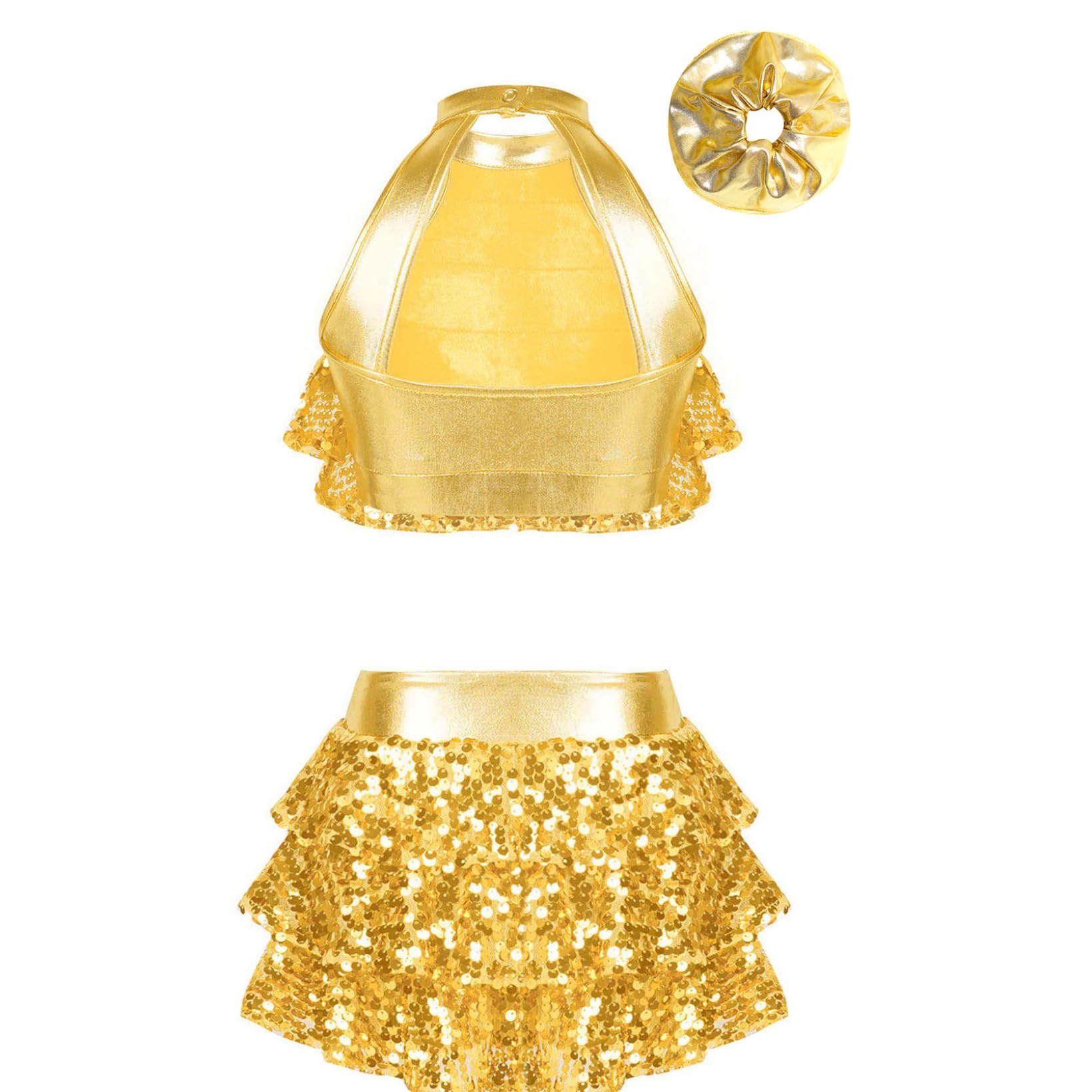 JanJean Kids Girls Sparkle Metallic Crop Top with Skirted Hair Band for Hip Hop Jazz Street Dance Competition Gold 5-6 Years