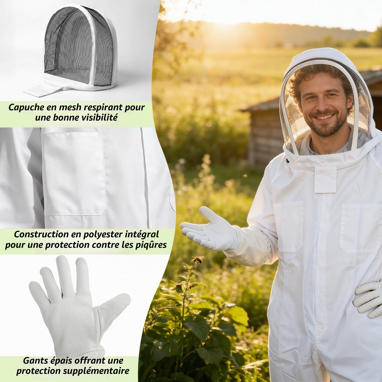 Combinaison d'apiculture - Vêtement de protection complet avec voile, capuche, gants, protection pour le jardin et l'apiculture (XXL)