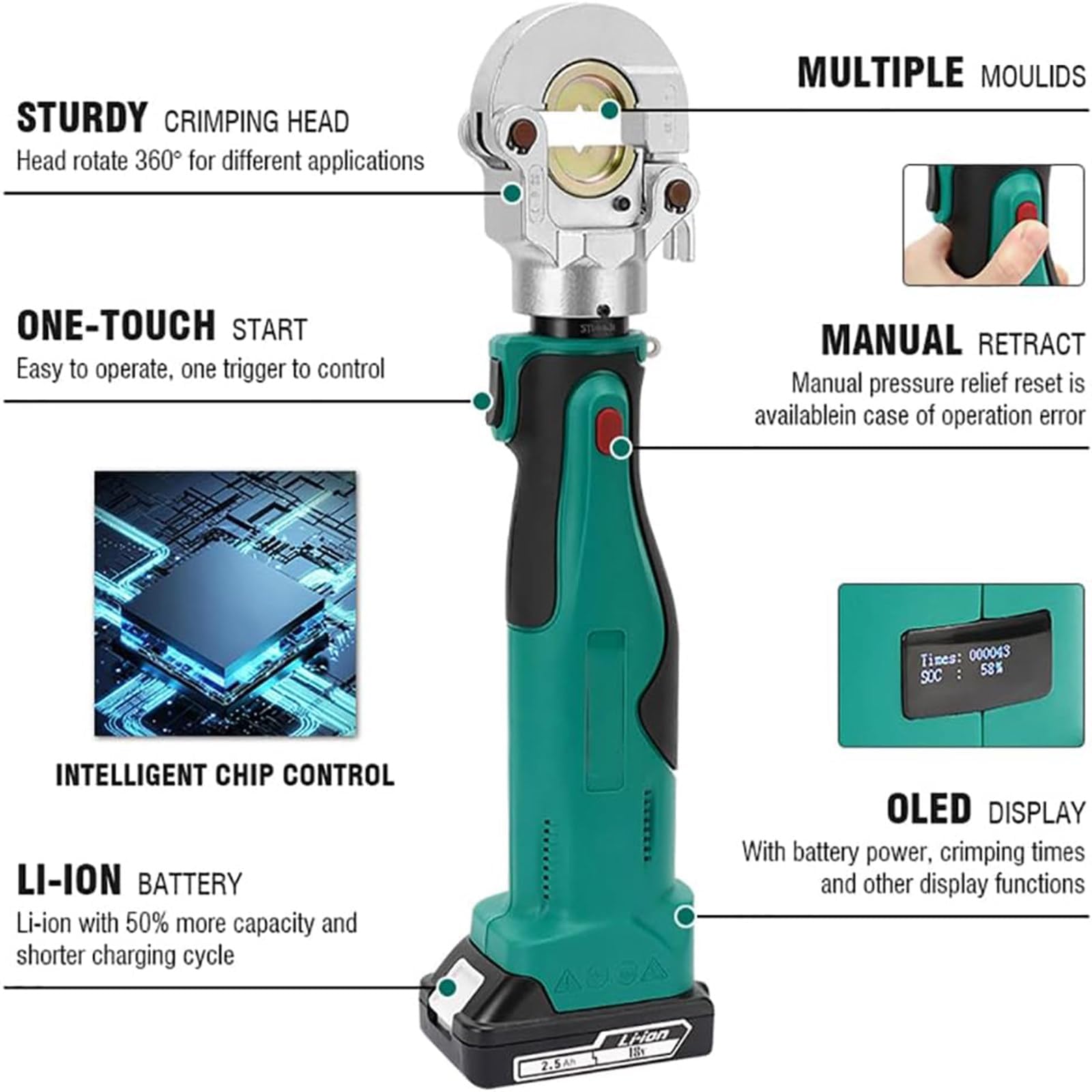 Pinza crimpatrice elettrica ricaricabile portatile, 10-300 mm² con 12 paia di matrici, crimpatrice idraulica per cavi, pinza crimpatrice per terminali display OLED