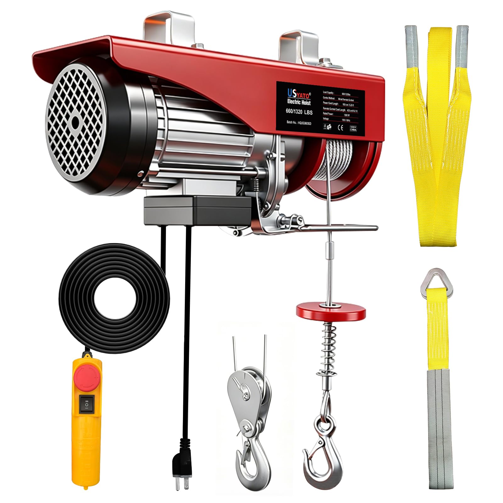 Photo 1 of USYATO 1320 lbs Electric Hoist with 14.1 ft Wired Control,110V Electric Winch with Emergency Stop Switch,Zinc-Plated Steel Wire Hoist,Material Handling Tool for Warehouse,Garage,Factory,Attic