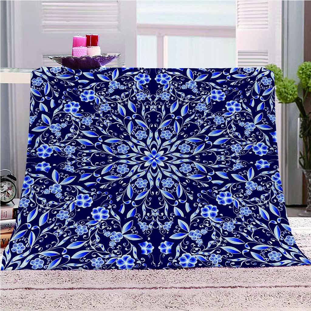 Couverture Polaire Flanelle Microfibre Bleue 150x200cm Plaid Chaud Canapé Jeté Lit Motif Fleur 3D