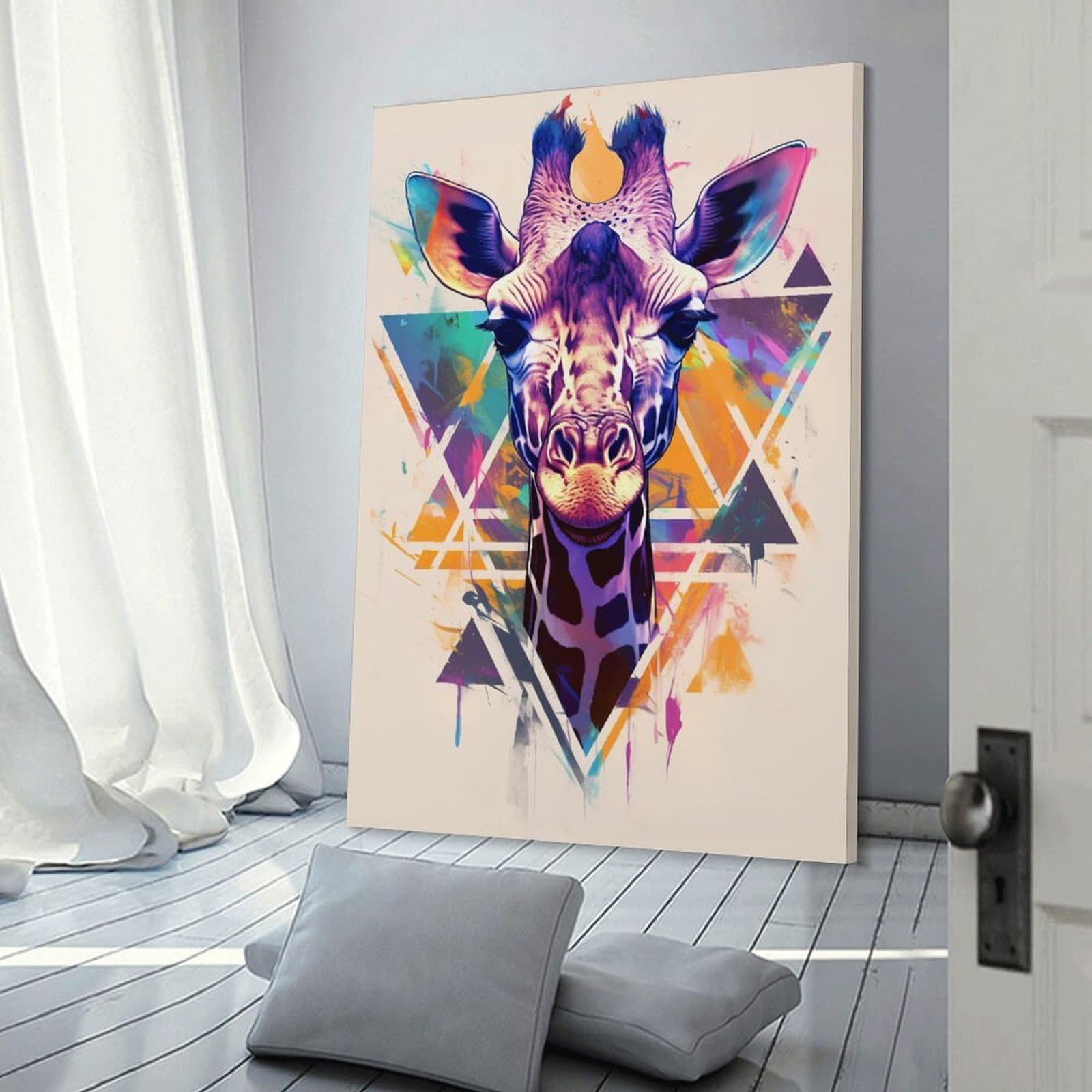 Junmoney Colorful Giraffe Portrait with Geometric Background Home Decor Wall Art, 12x18inch(30x45cm), for Lounge, Bedroom Or Personal Spaces, Gift Idea for Housewarming And Birthdays