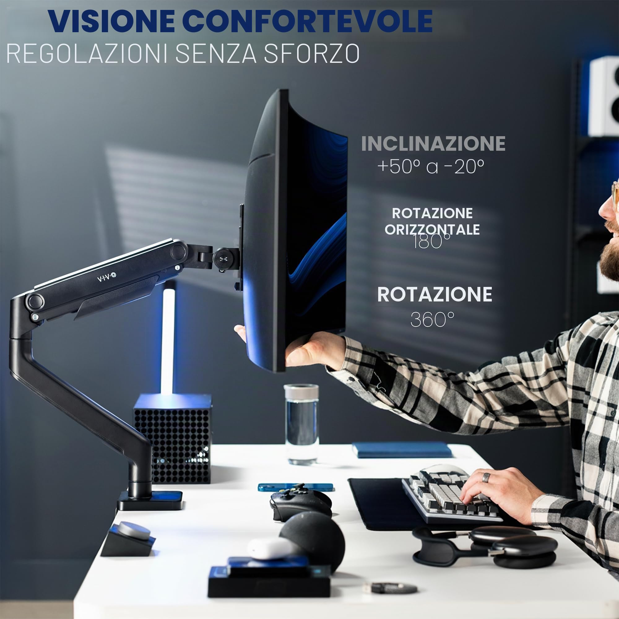 VIVO Supporto da scrivania per monitor ultrawide in alluminio resistente, per schermi fino a 49", supporta fino a 20 kg, supporto da scrivania progettato per Samsung Odyssey G9 e altri, nero