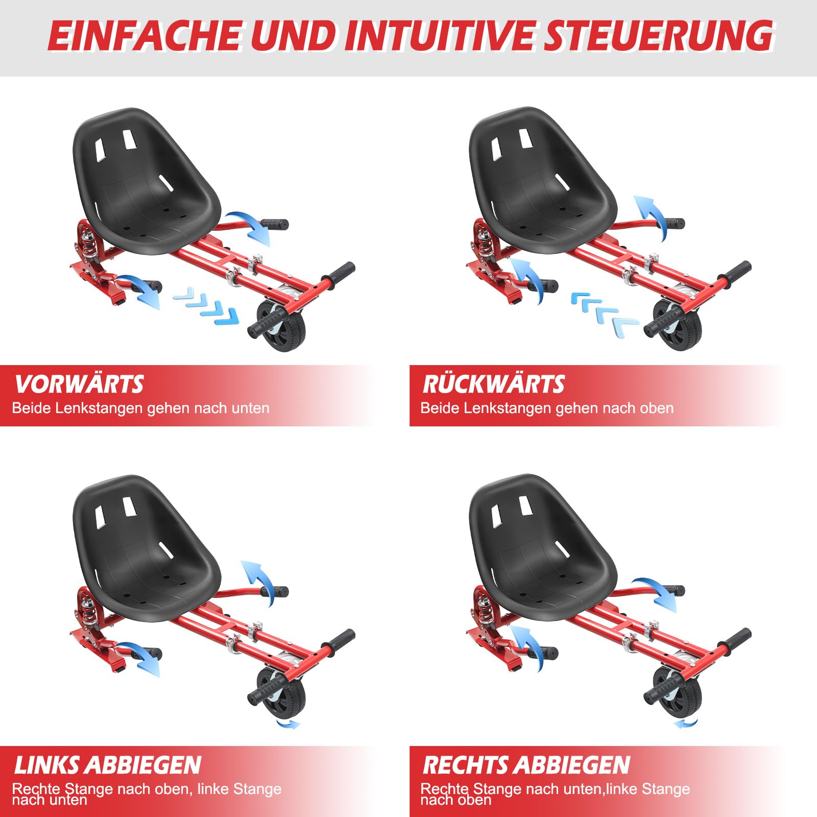 Hoverkart siedzisko Hoverkart do uniwersalnej hulajnogi z innowacyjnym zawieszeniem, amortyzatory wypełnione powietrzem opony przednie, Hovercart regulowany uchwyt